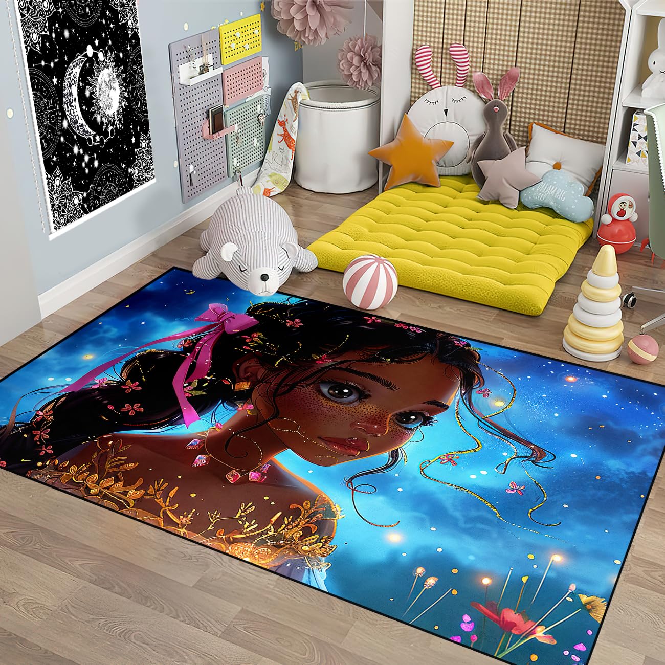 Princess Rugs for Girls Bedroom - African American Black Girls Rug for Bedroom Decor Princess Carpet Floor Mat, Blue, 2.5x4 Feet