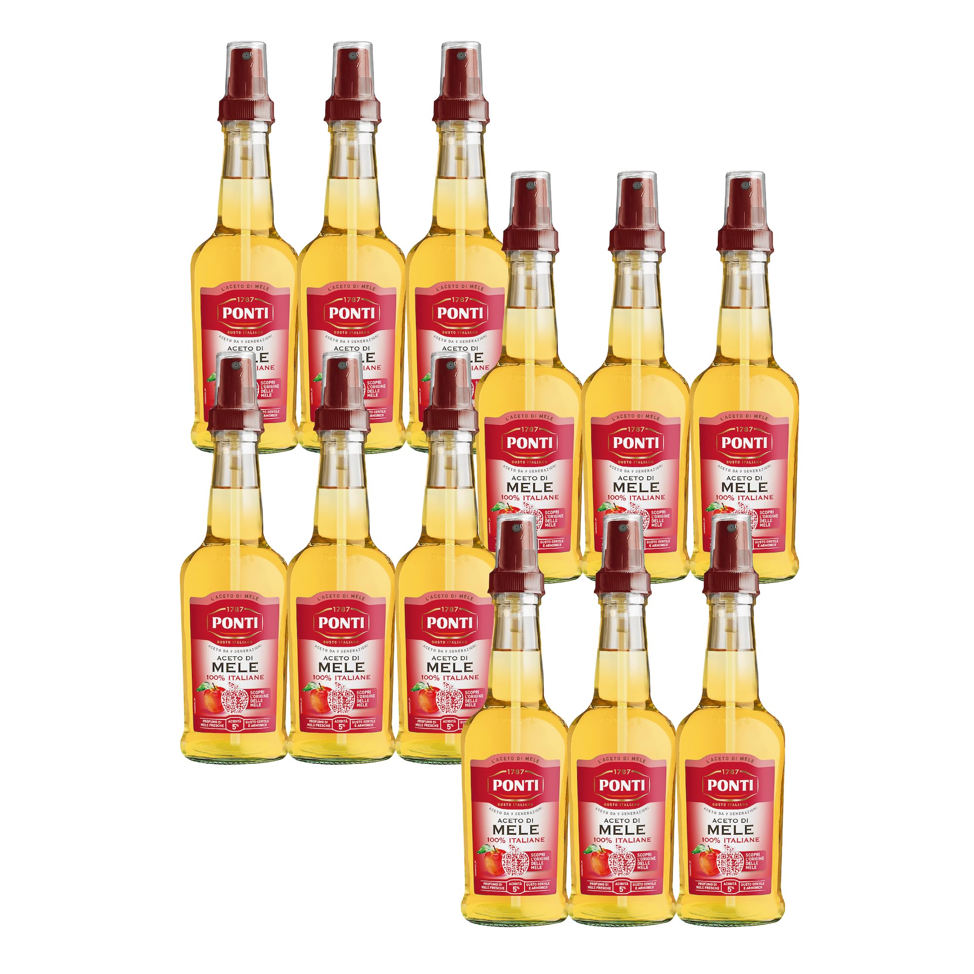 Ponti, Aceto di Mele 100% Italiane, Aceto di Mele dal Gusto Gentile e Armonico, Acidità 5%, Ideale per Insaporire le tue Insalate e Carni, 100% Made in Italy, 12 Bottiglie Spray da 250 ml