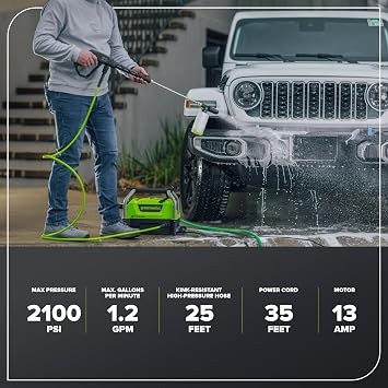 Greenworks 2100 PSI (SGS Certified) 1.2 GPM Compact Electric Pressure Washer (Compact, Telescoping Handle, 25 FT Hose, 35 FT GFCI Power Cord)