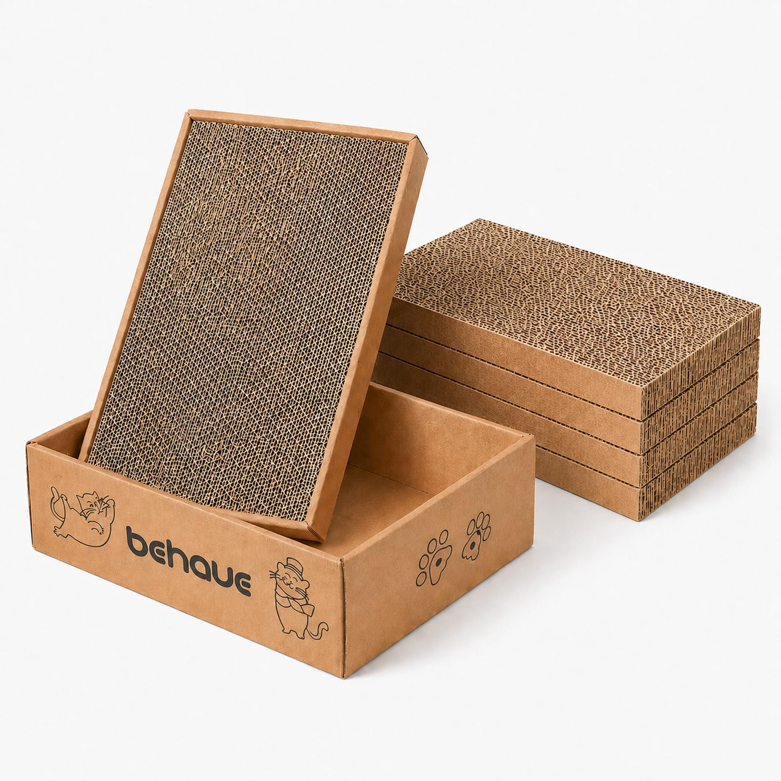 AKOLAFE Rascador para gatos con caja, 5 unidades, cartón rascador de doble cara para gatos, 40 x 24 x 2,5 cm, tablas para rascar gatos, casa de gatos, caja de cartón para rascar para gatos de interior