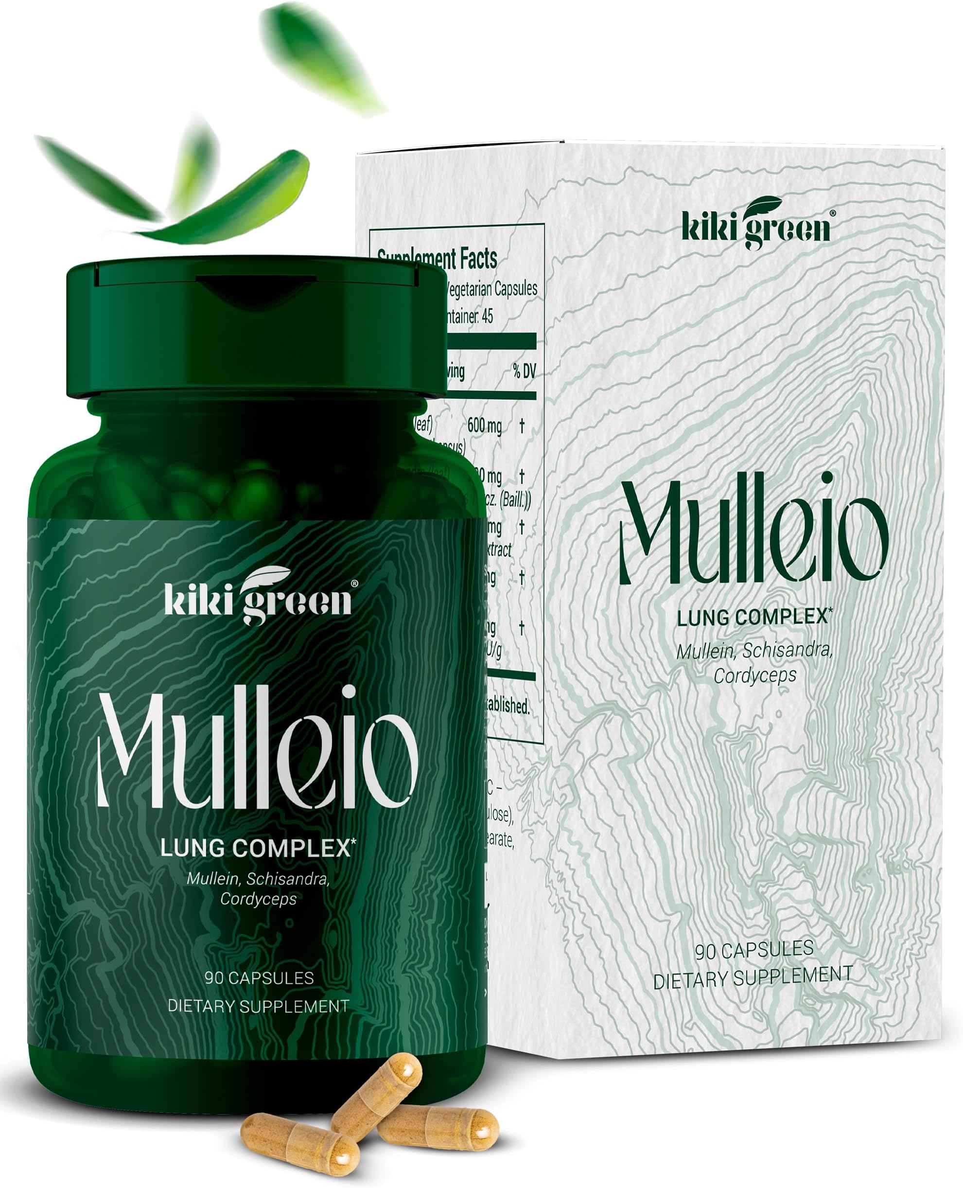 KIKI Green Mulleio Lung Health Capsules: Vegan Herbal Supplement for Cleanse, Better Function, Respiratory Support - Mullein, Cordyceps, Schisandra - 90 Count for Daily Use