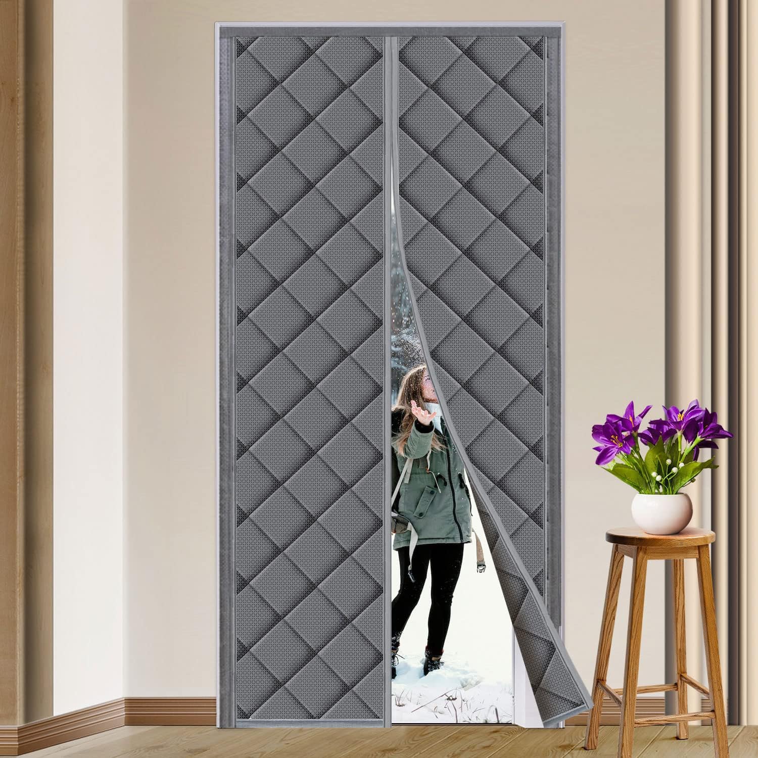 Magnetic Thermal Insulated Door Curtain for Winter, 90 * 210cm Waterproof Windproof Soundproof Thicken Nylon Cotton Magnet Closure Thermal Door Cover, Insulation for Winter