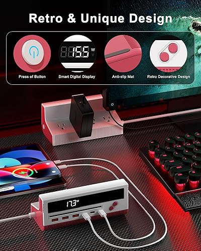 Miniatura 5 de Estación de carga USB 10 en 1, regleta de alimentación de 4 salidas con 6 USB, cable de extensión de 5 pies de largo, enchufe plano de 45, estación