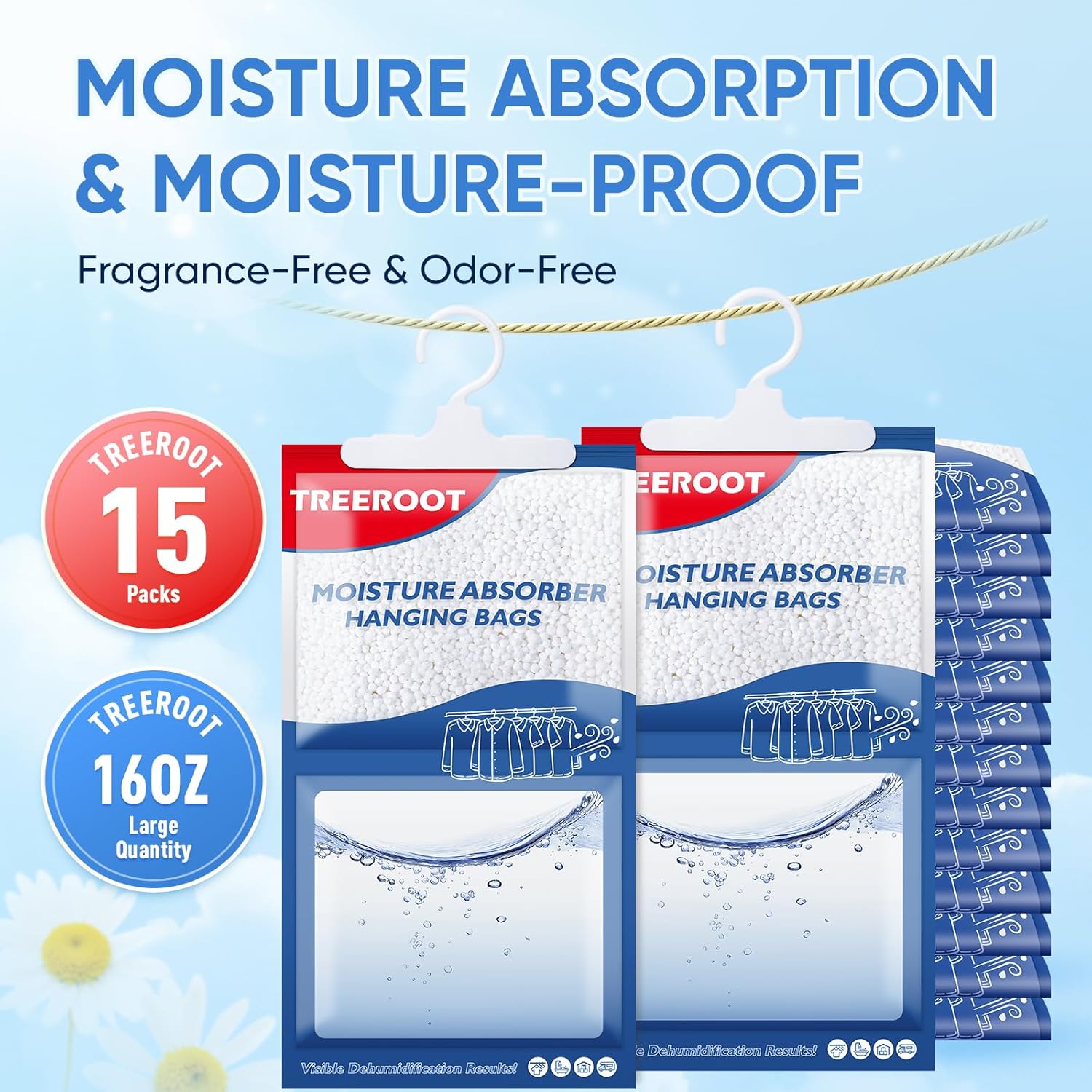 15 Pack Moisture Absorbers for Closet, 16OZ Hanging Closet Dehumidifier Bags, Hanging Humidity Absorber in Wardrobes, Kitchens and Bathrooms