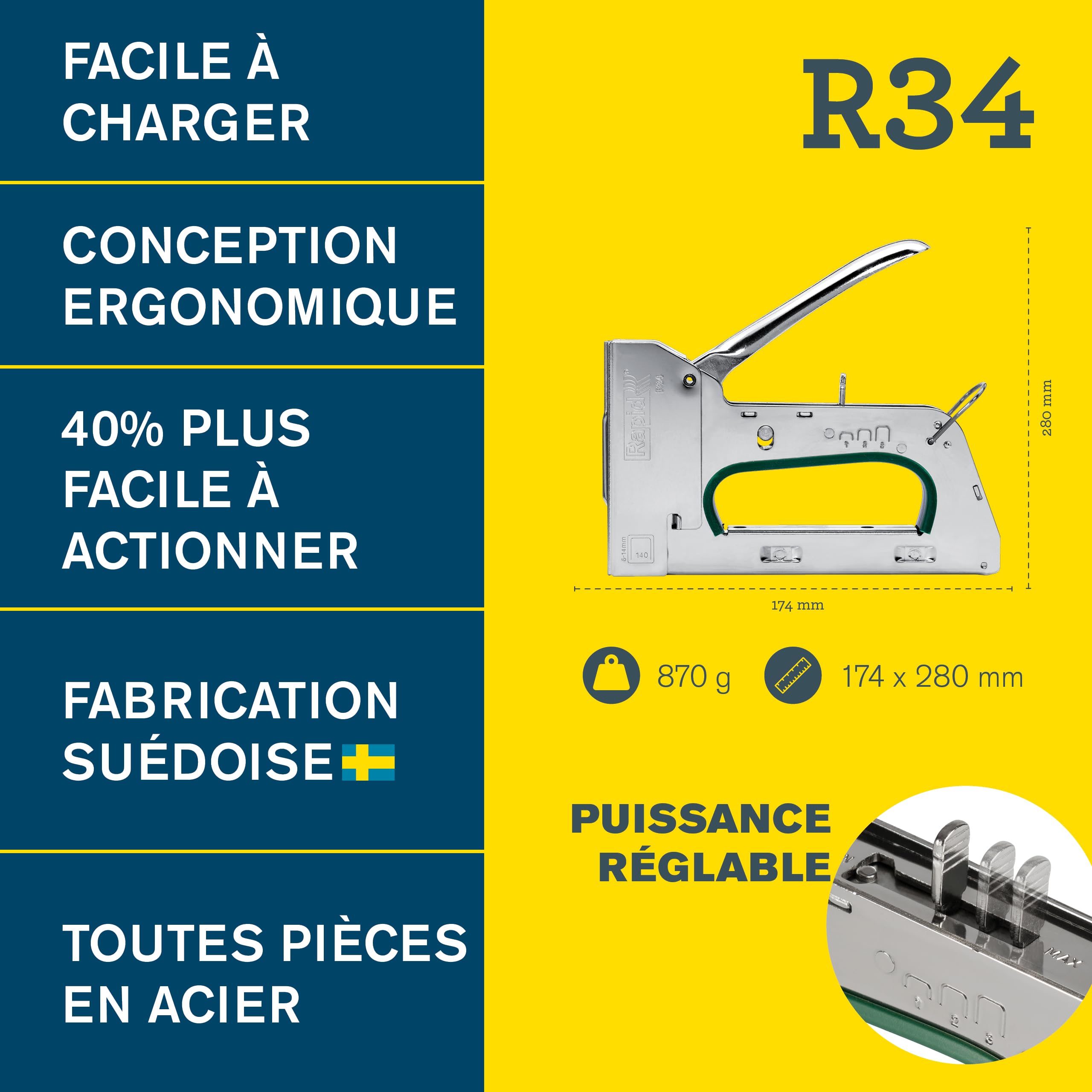 Rapid - Agrafeuse PRO R34 pour Agrafes N°140 de 6-14mm, Agrafeuse de Bricolage avec 3 Puissances au Choix, Gâchette Facile à Actionner & Poignée Ergonomique, Fabriqué en Suède - FSC (5001671)