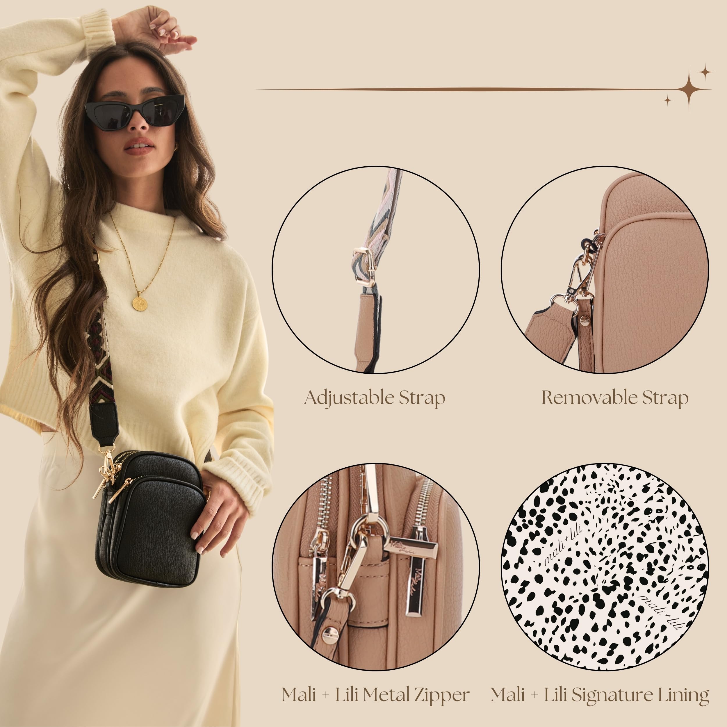 Mali+Lili Small Crossbody Bag for Women, Triple Compartment Shoulder Bag with Double Strap