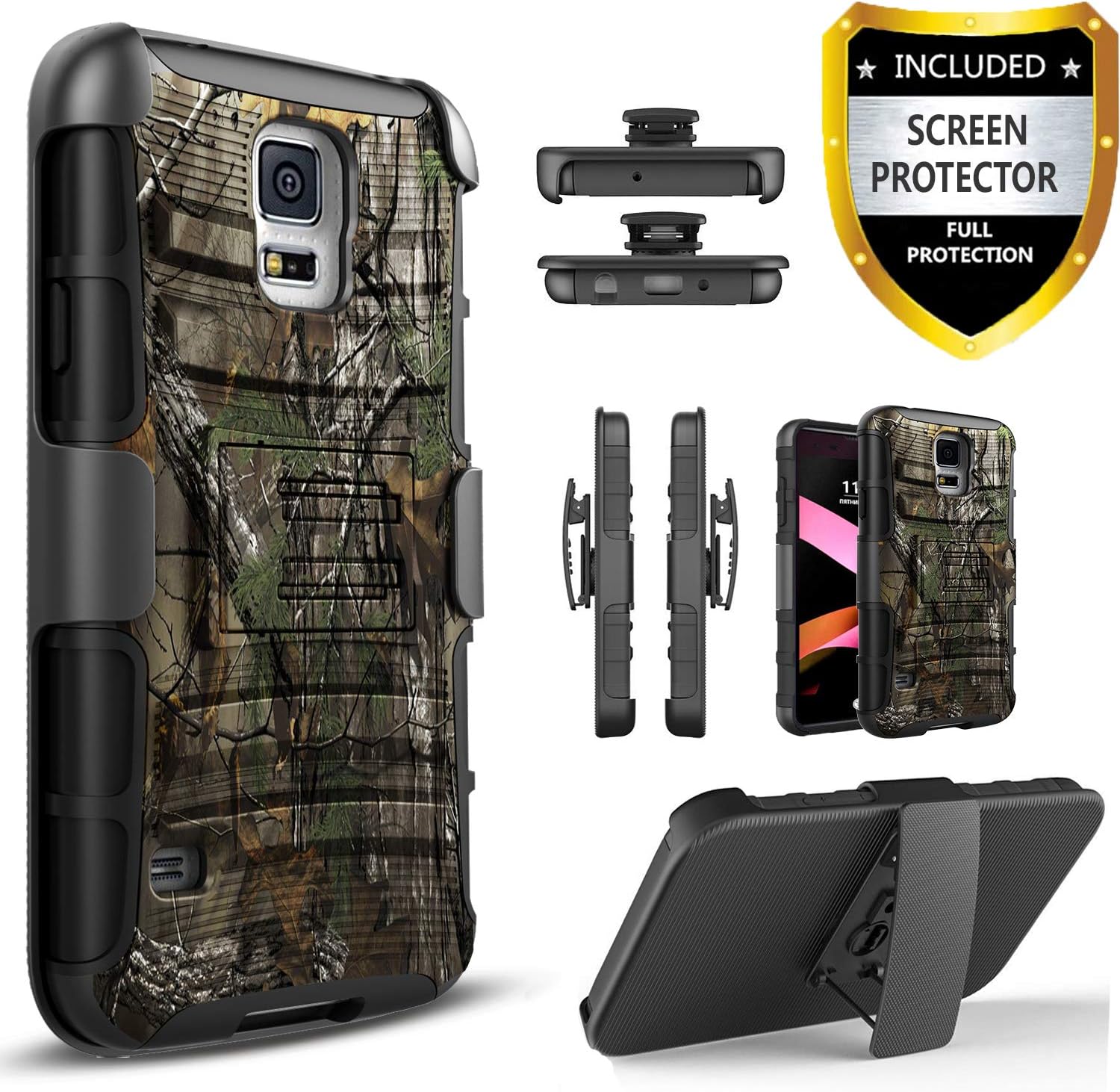 Galaxy S5 Active Case, Dual Layers [Combo Holster] Case and Built-in Kickstand Bundled with [Premium HD Screen Protector] Hybird Shockproof(Camo)