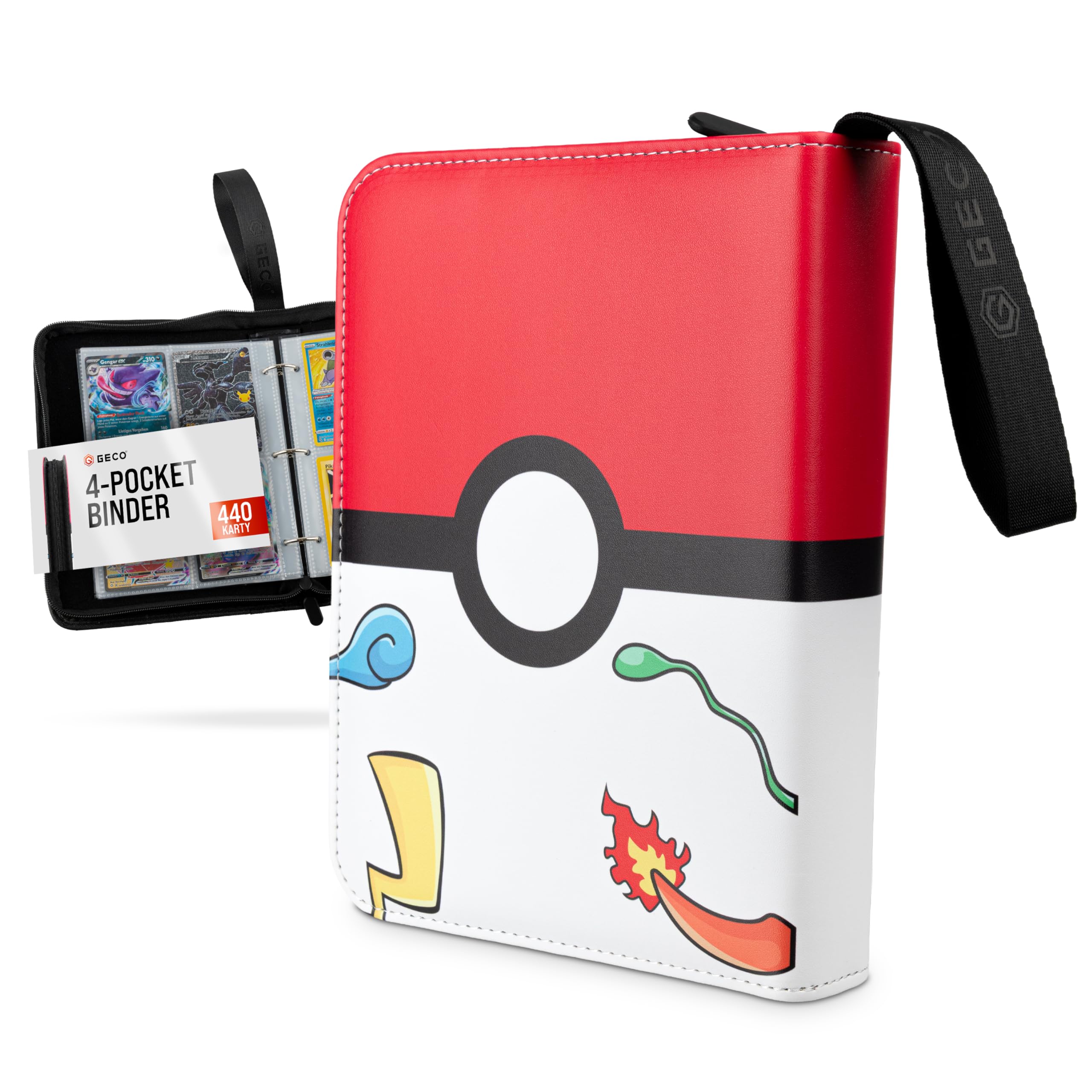 Album kolekcjonerski na karty kolekcjonerskie - kolekcjonerski album na karty z zamkiem błyskawicznym - segregator z 4 kieszeniami - 55 stron na 440 kart - Poke Ball-Design - czerwony