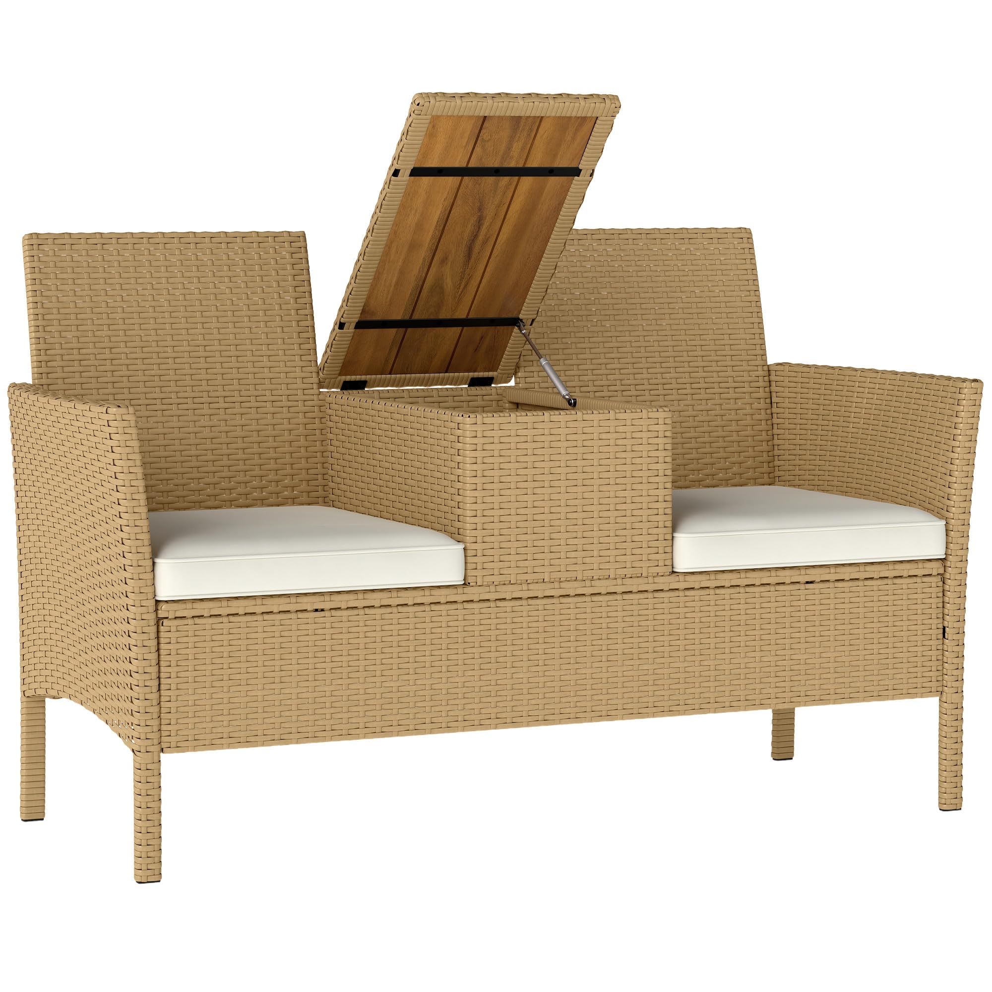 Outsunny Panchina da Giardino a 2 Posti in Rattan e Acciaio 134x58x82 cm | Panchina da Esterno con Cuscini, Tavolino a Ribalta con Spazio Portaoggetti Nascosto, Divano da Esterno, Crema e Cachi