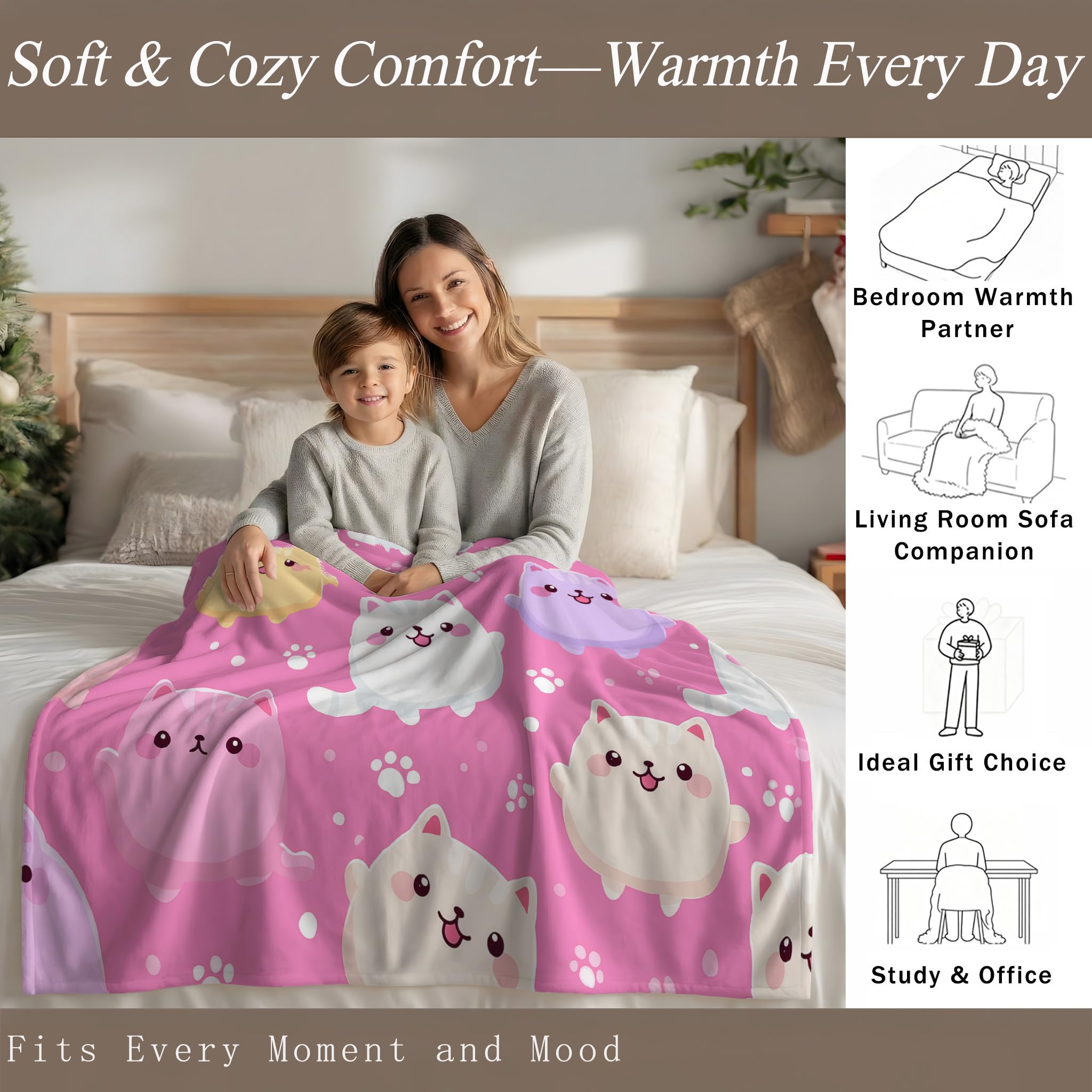 Genérico Oryginalne i zabawne prezenty - różowe brzoskwiniowe koce na walentynki Boże Narodzenie rocznica - Premium Microfiber krata koty śliczne łapy koc flanelowy 150 x 200 cm