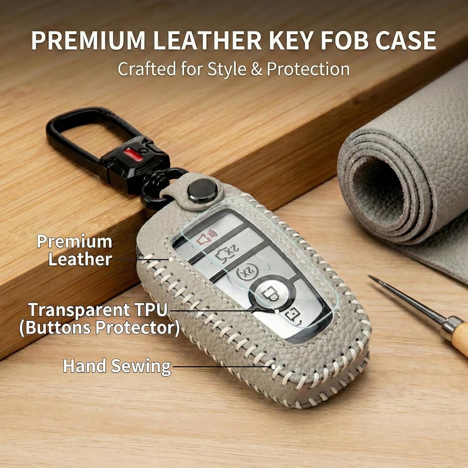 for Ford Key Fob Cover Leather Key Case Holder with Keychain for 2017-2026 Bronco F150 Explorer Mustang F250 Edge Escape Expedition Full Protector (Gray)