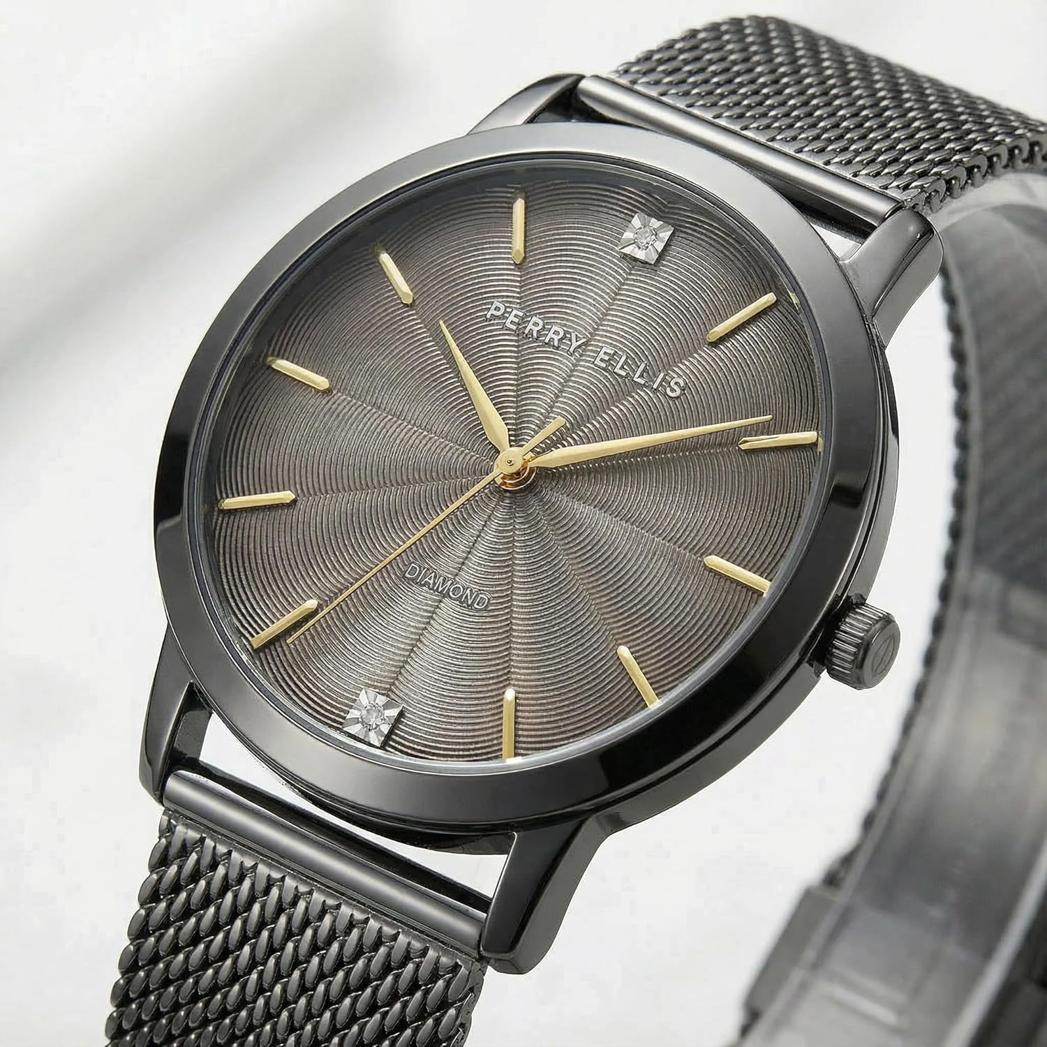 Perry Ellis Slim Diamond Men’s Watch – Round Blue Dial, Silver Alloy Mesh Band, Water-Resistant Analog - Image 2