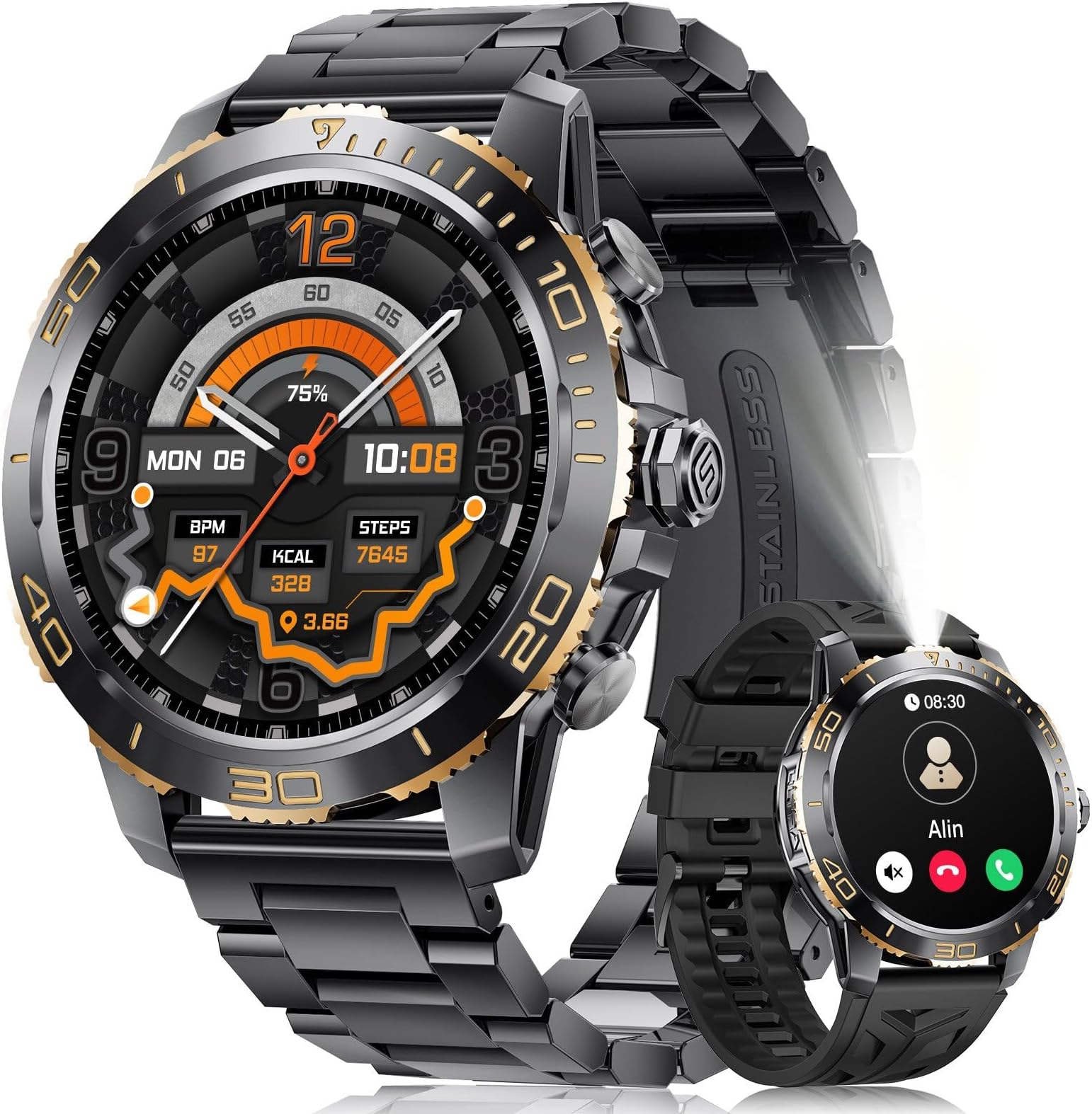 – LIGE Smart Watch for Men, Bluetooth Call, LED Flashlight, 1.43'' AMOLED Display Fitness Tracker with Health Monitor, 200+ Sports Modes, 800mAh, Business/Sport Smart Watch for iOS Android, Black Steel