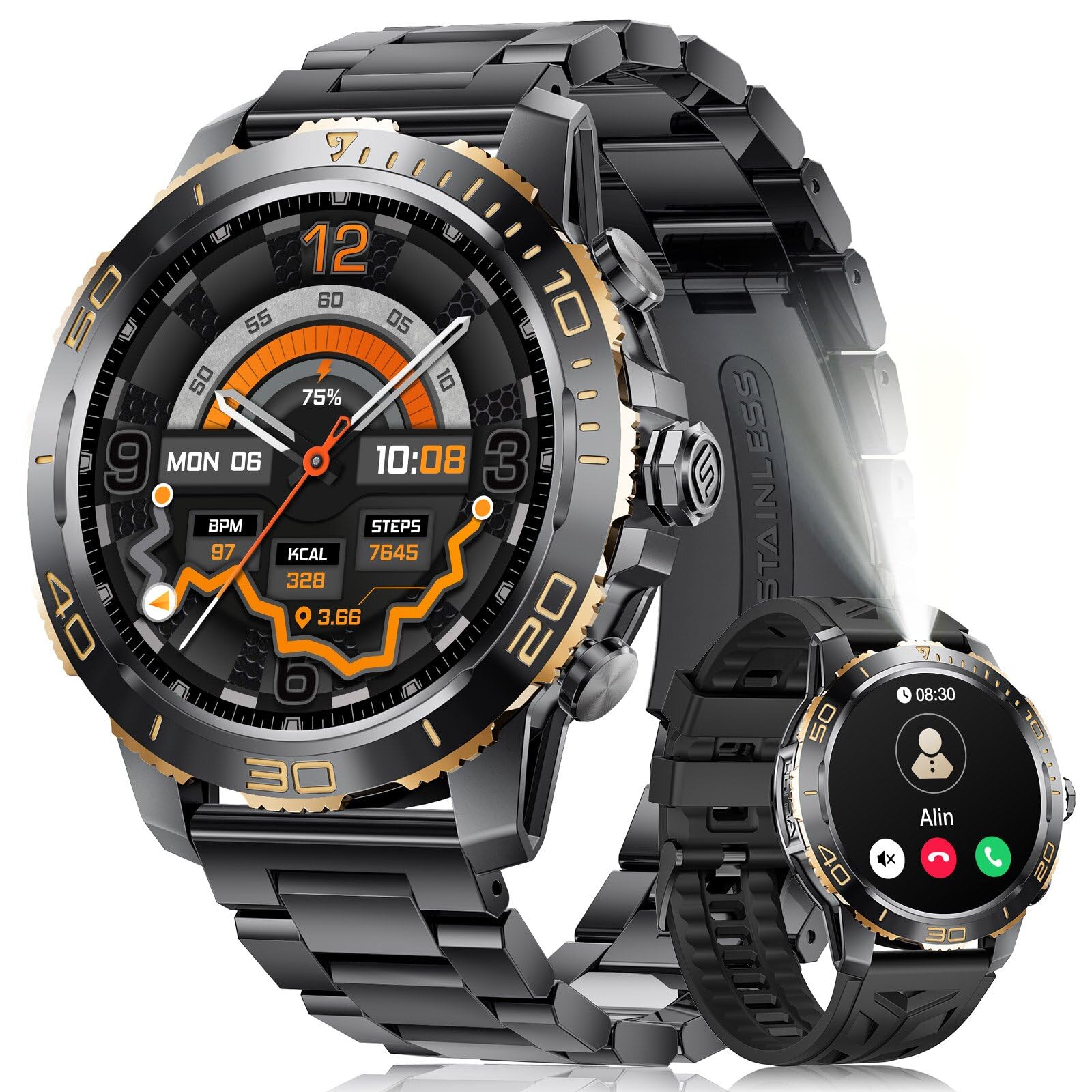 LIGE Smart Watch for Men, Bluetooth Call, LED Flashlight, 1.43'' AMOLED Display Fitness Tracker with Health Monitor, 200+ Sports Modes, 800mAh, Business/Sport Smart Watch for iOS Android, Black Steel