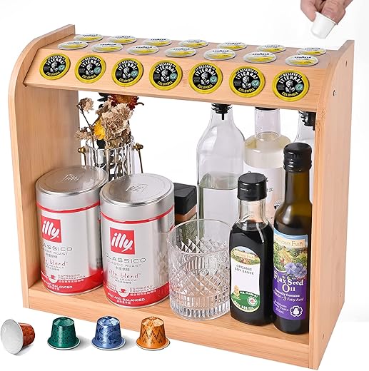 HooHcc Coffee Pod Holder for Nespresso OriginalLine, Bamboo Large Capacity Coffee Pod Storage Organizer, Coffee Capsules Holder for Nespresso OL, Coffee Bar Accessories and Cup…