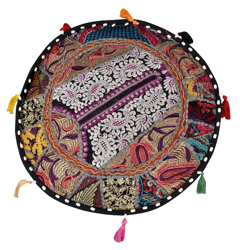 Sophia-Art Indian Embroidered Patchwork Cover Indian Decorative Pouf Indian Comfortable Floor Cotton Cushion Ottoman Pouf,Indian Designs Ethnic Patchwork Pouf (Black, 18"x13") 1