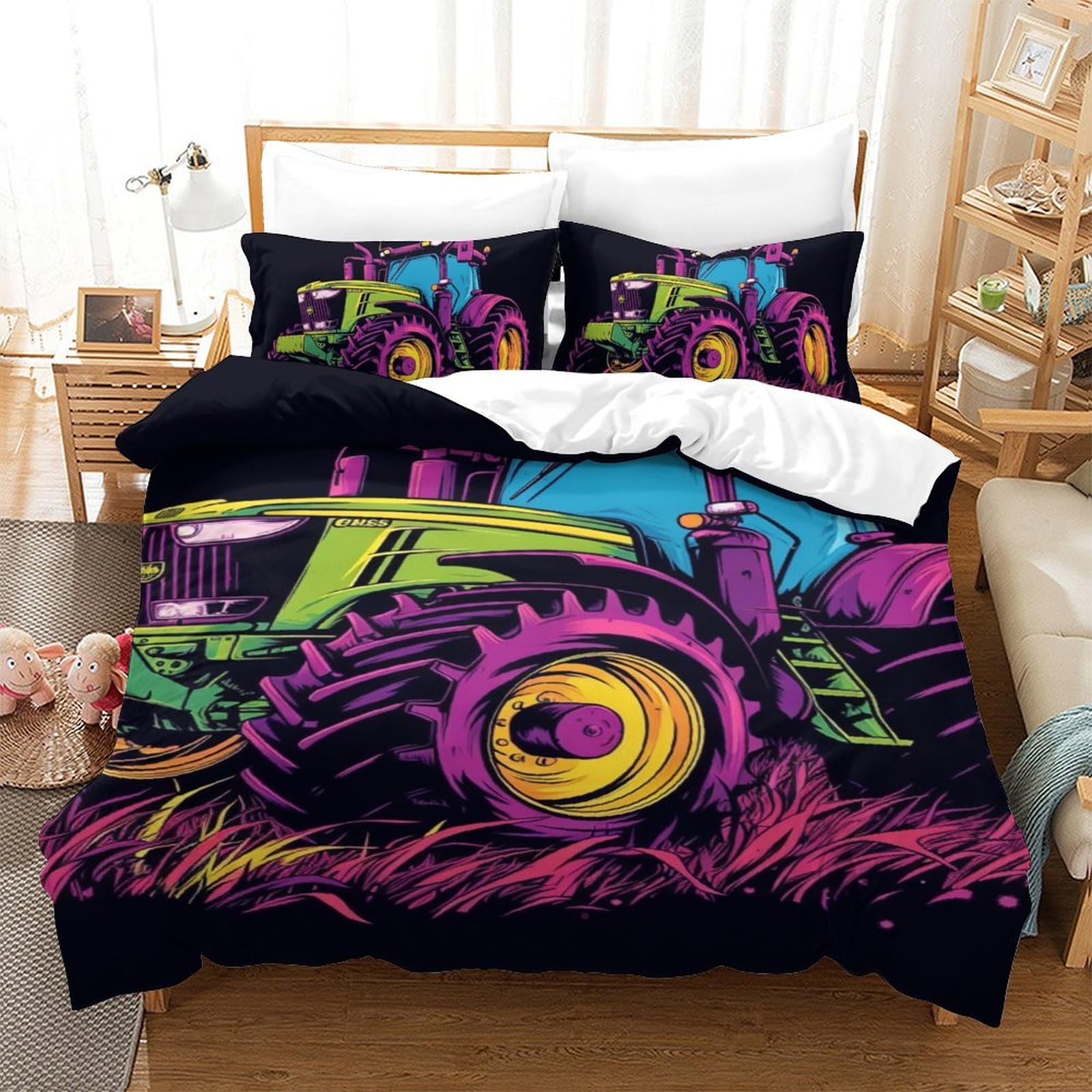 Housse de couette tracteur 3D en microfibre 140x200 cm avec taies