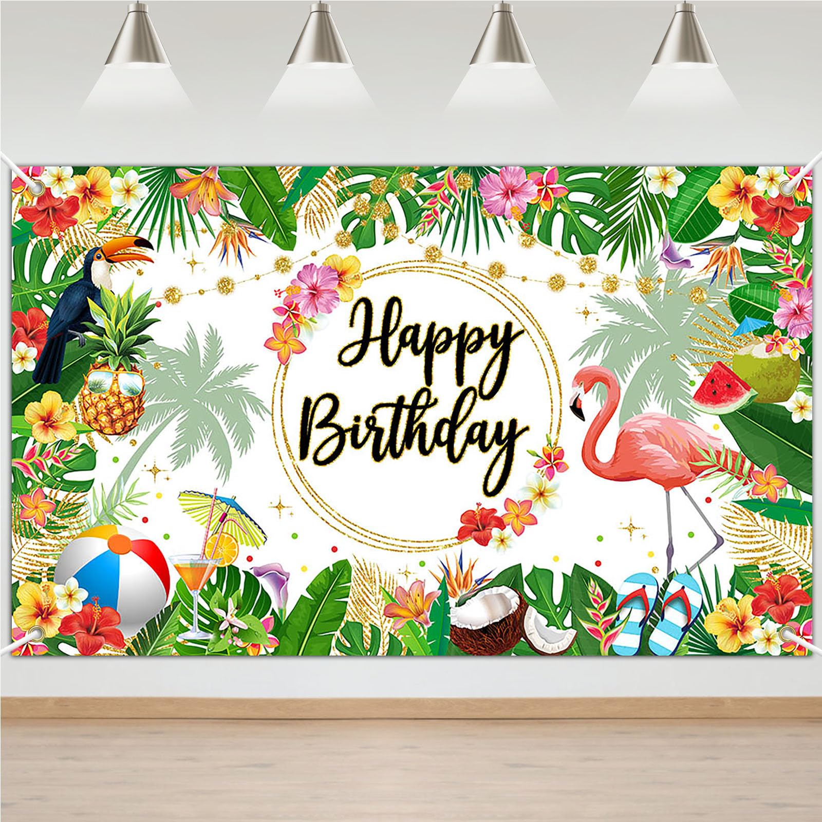 Avezano Summer Hawaiian Birthday Backdrop Tropical Flamingo Beach Birthday Party Decorations Palm Pineapple Aloha Happy Birthday Party Supplies 70.8 x 43.3 Inch