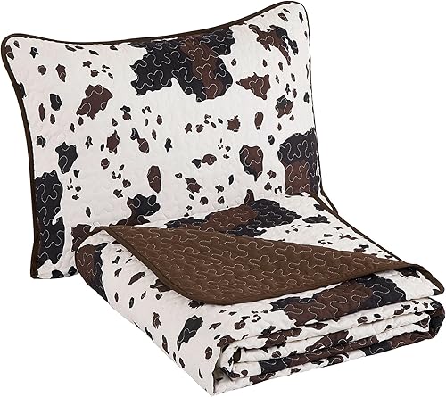 Miniatura 8 de Linen Mart Juego de edredón de 5 piezas de cuero de vaca rústico, color negro, blanco y marrón, diseño de calavera, estilo rural (Queen)