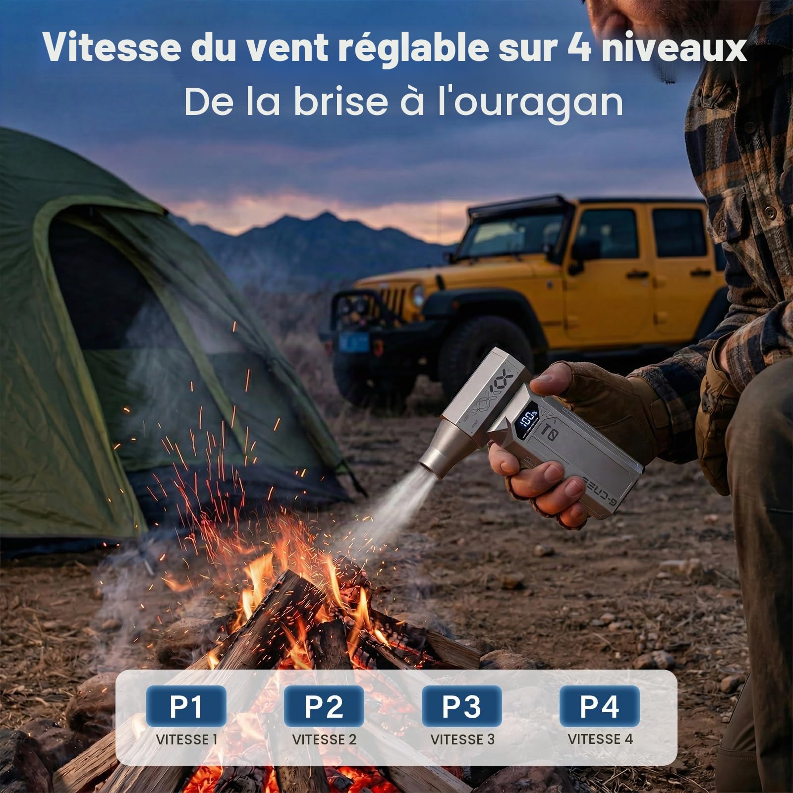 Souffleur air comprimé rechargeable, Mini Souffleur Sans Fil Puissant 4 Vitesses avec Écran Numérique HD, Soufflette dépoussiéreur 4 Buses pour PC Ordinateur, Maison, Voiture, Extérieur (Gris argenté) | Mini ventilateur à batterie réglable à 4 vitesses -