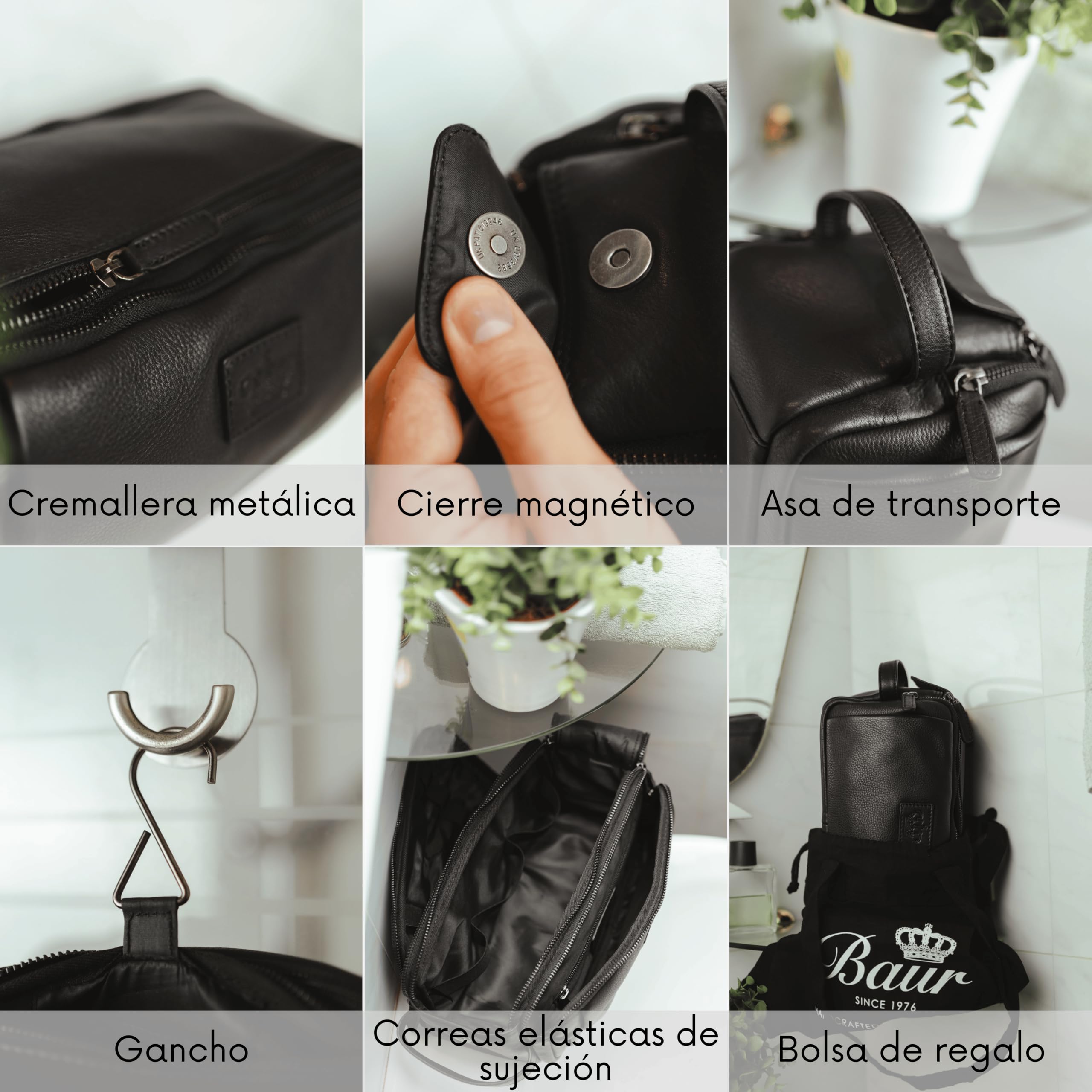 Baur Neceser de piel auténtica | Neceser espacioso y organizador | Piel de vacuno negra, Bolsa de cuero unisex para hombre y mujer