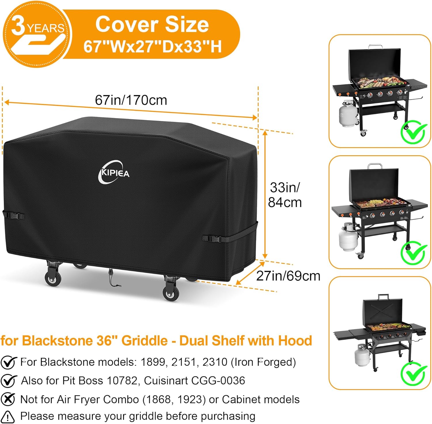 Kipiea Griddle Cover for Blackstone 36" Griddle with Hood, Heavy Duty Tear & Fade Resistant and Waterproof Flat Top Grill Cover for Blackstone 5482 with Buckles and Drawstrings