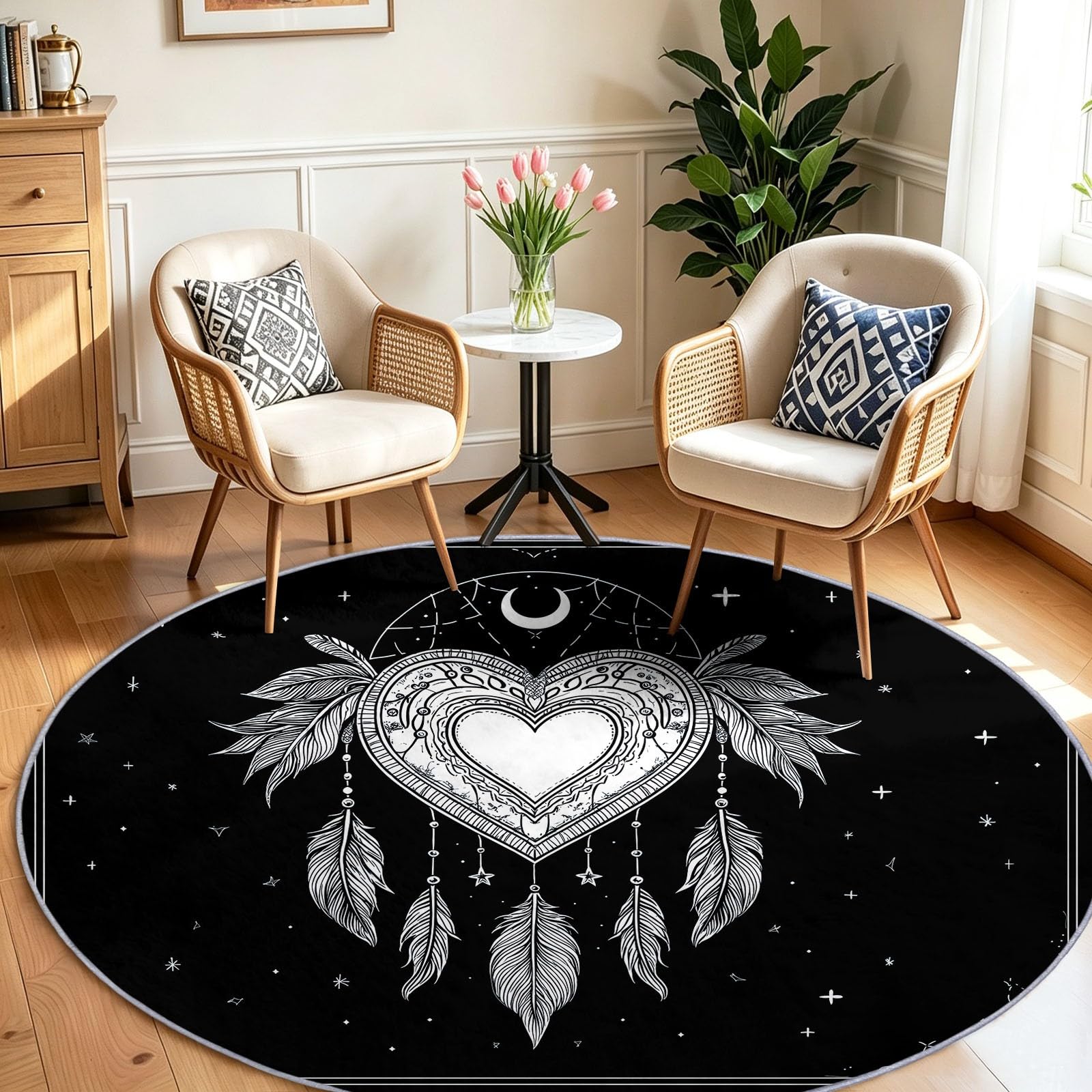 Tappeto rotondo con stelle e luna, antiscivolo, morbido e accogliente, in finta lana, con bordi stretti, disegnato a mano, decorativo, ideale per soggiorno, ingresso, camera da letto, studio, sala