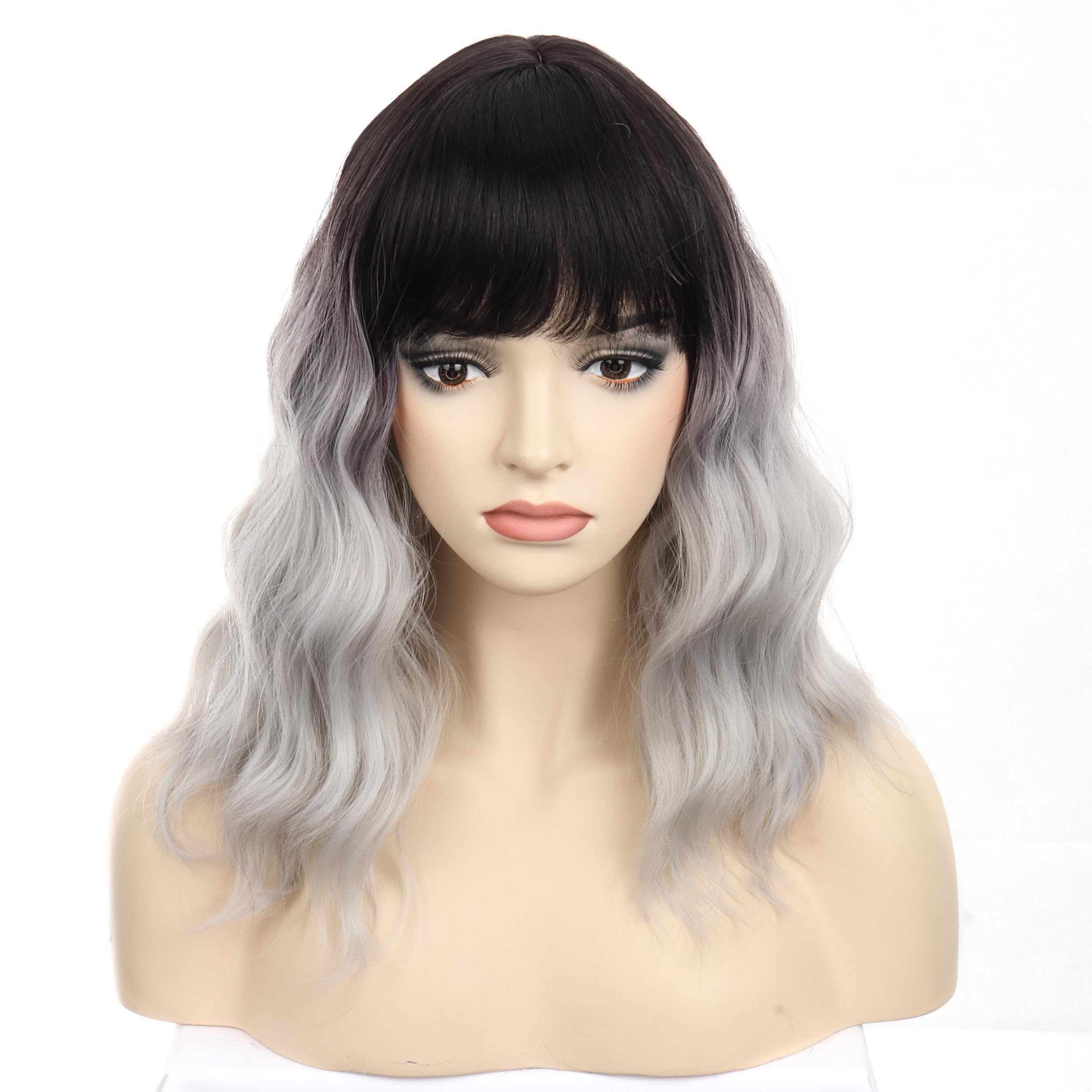 Colorfulpanda Short Ombre Silver Grey Wavy Bob Wigs with Fringe for Women Natural Shoulder Length Heat Resistant Synthetic Hair for Daily Use and Cosplay 14 inch - Image 2