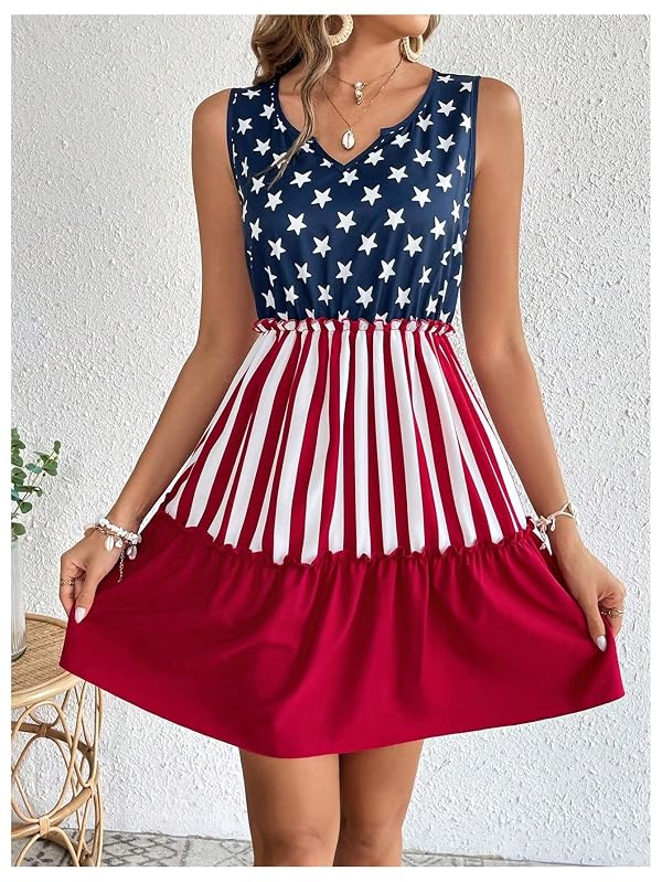 RoseSeek Women's American Flag Print Notch Neck Layered Ruffle Summer Dress by RoseSeek - Used condition - Image 3
