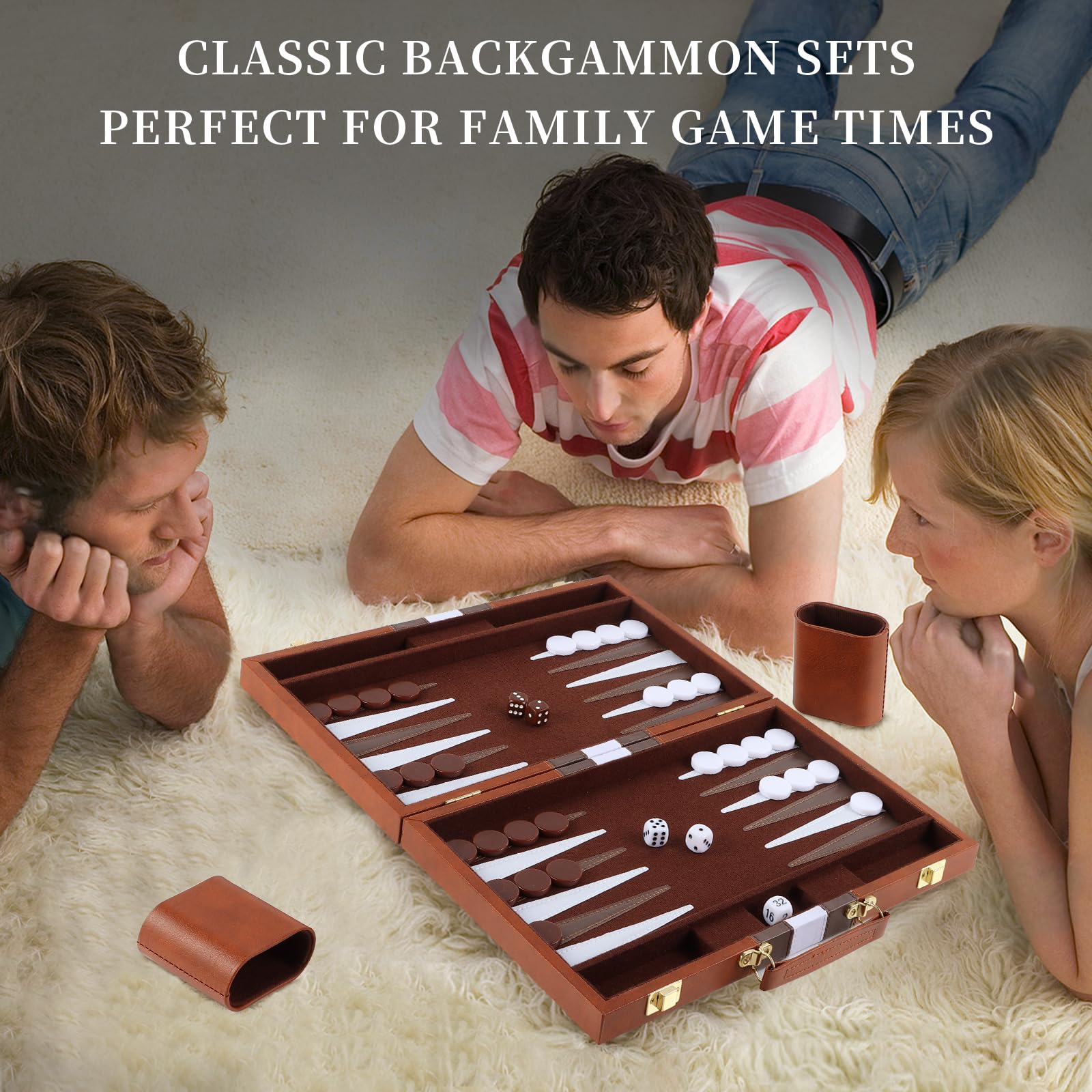 Vehipa 38cm Backgammon Koffer mit komplettem Zubehör für 2 Spieler (Braun) | Kunstleder Mit Tragegriff, Samtiges Innenfutter Geräuscharm, Becher, Spielsteine Und Würfel, Für Erwachsene