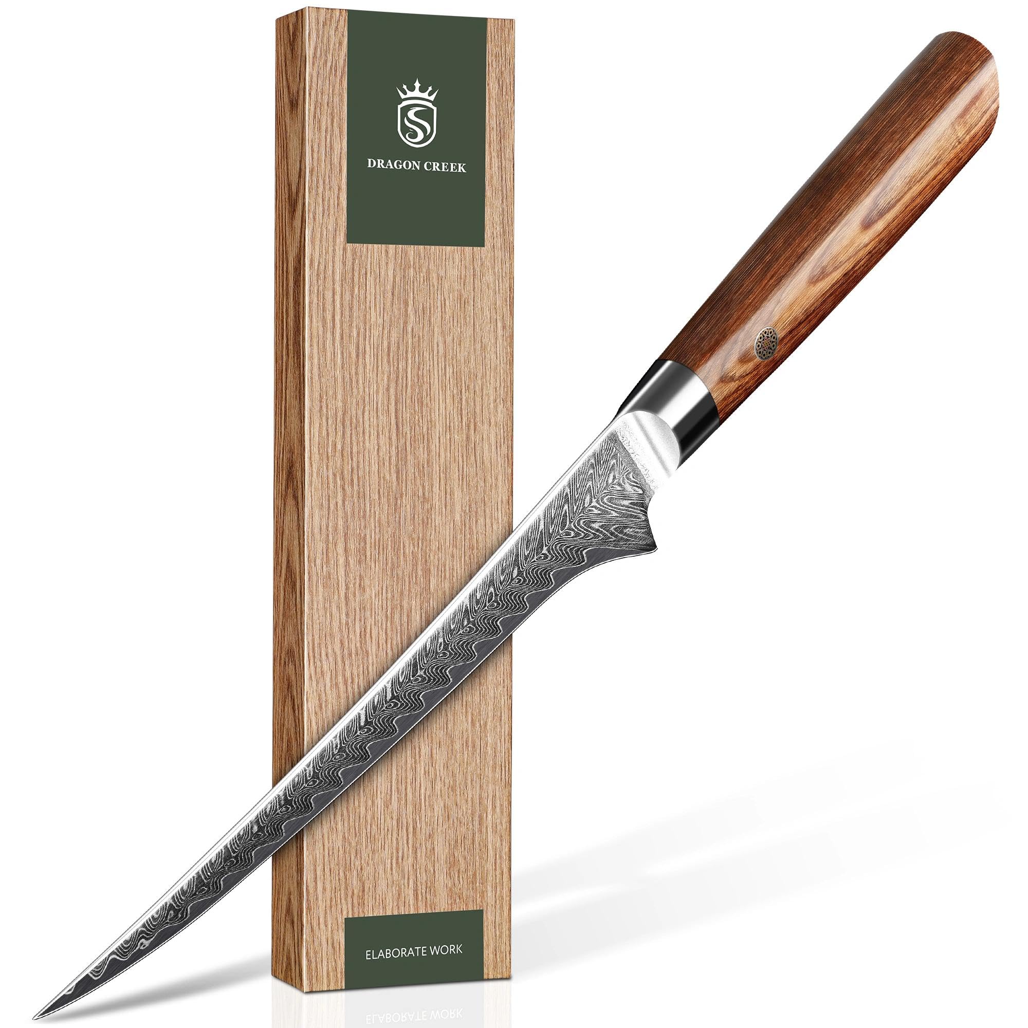 Dragon Creek Couteau Désosser 19 cm Acier Damas pour Viande et Poisson | Couteau précis pour la préparation de la viande et du poisson. Manche ergonomique pour un contrôle optimal.