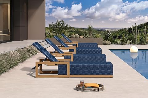 Purple Leaf Outdoor Chaise Lounge Chair Set of 4, PE Rattan, Navy Blue