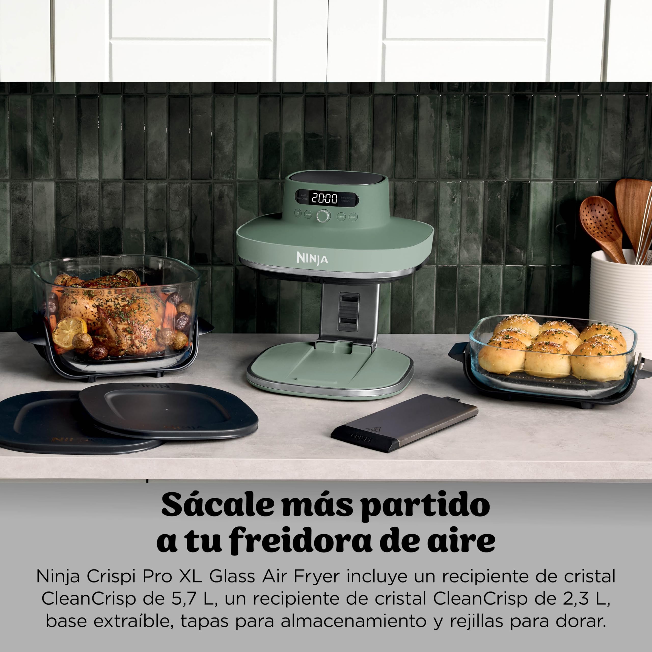 Ninja CRISPi PRO XL Glas-Heißluftfritteuse (Air-Fryer), 5 voreingestellte Zubereitungsfunktionen, CleanCrisp-Glasbehälter (5,7 l und 2,3 l) und Aufbewahrungsdeckel, Moosgrün AS090EUGN