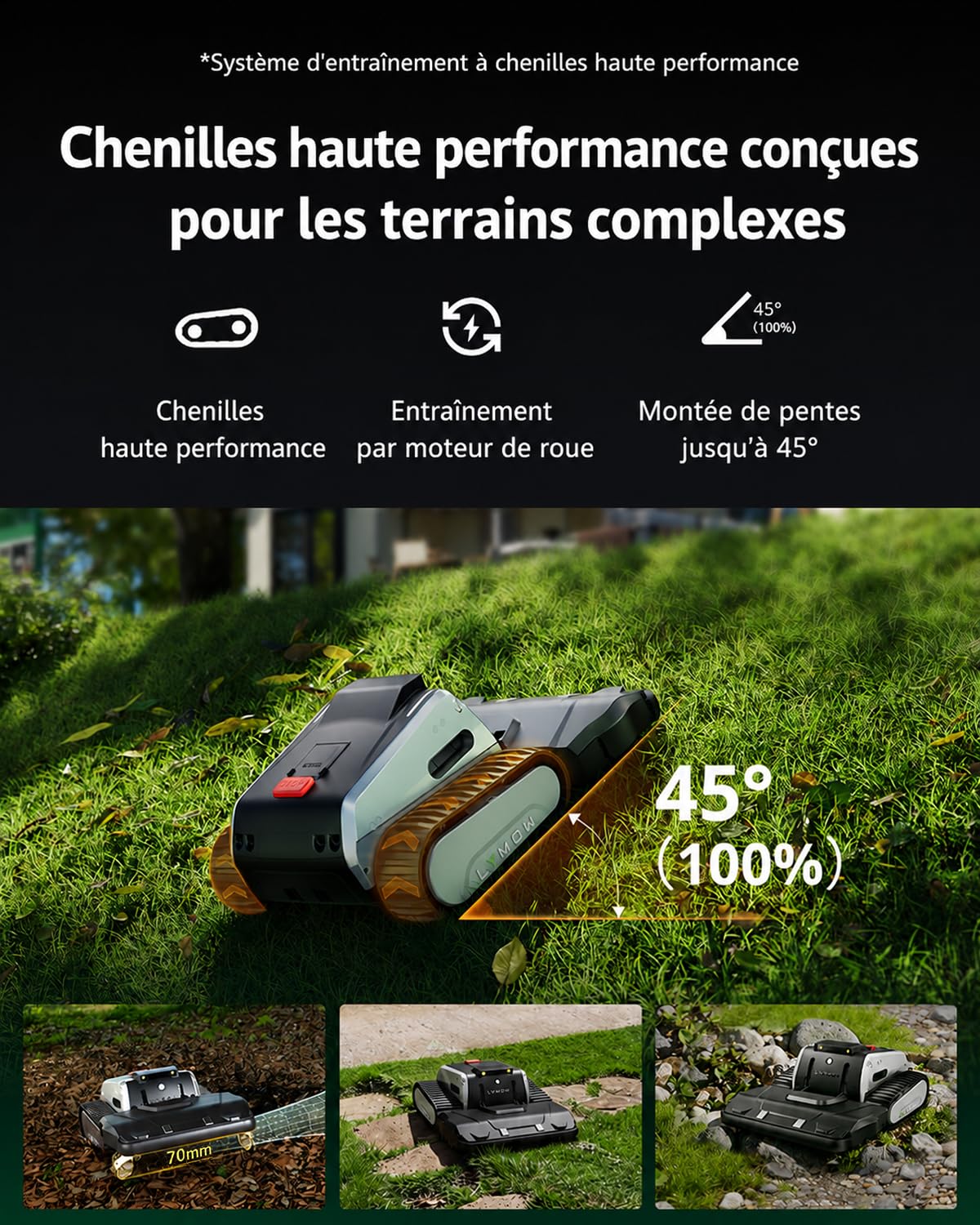 Lymow One Plus Robot Tondeuse Évitement d'obstacles IA, Pentes 45°, Double Lame Rotative SK5, Hauteur de Coupe 30-100 mm, RTK+VSLAM, pour 7000 ㎡, Gestion 80 Zones, App Control