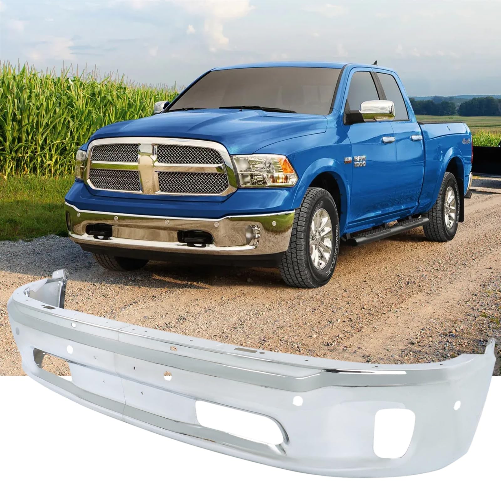 Front Bumper Compatible with 2013-2018 Dodge Ram 1500, Chrome Truck Automotive Steel Replacement Bumpers Face Bar, with Fog Light Holes & Sensor Holes (Style J)