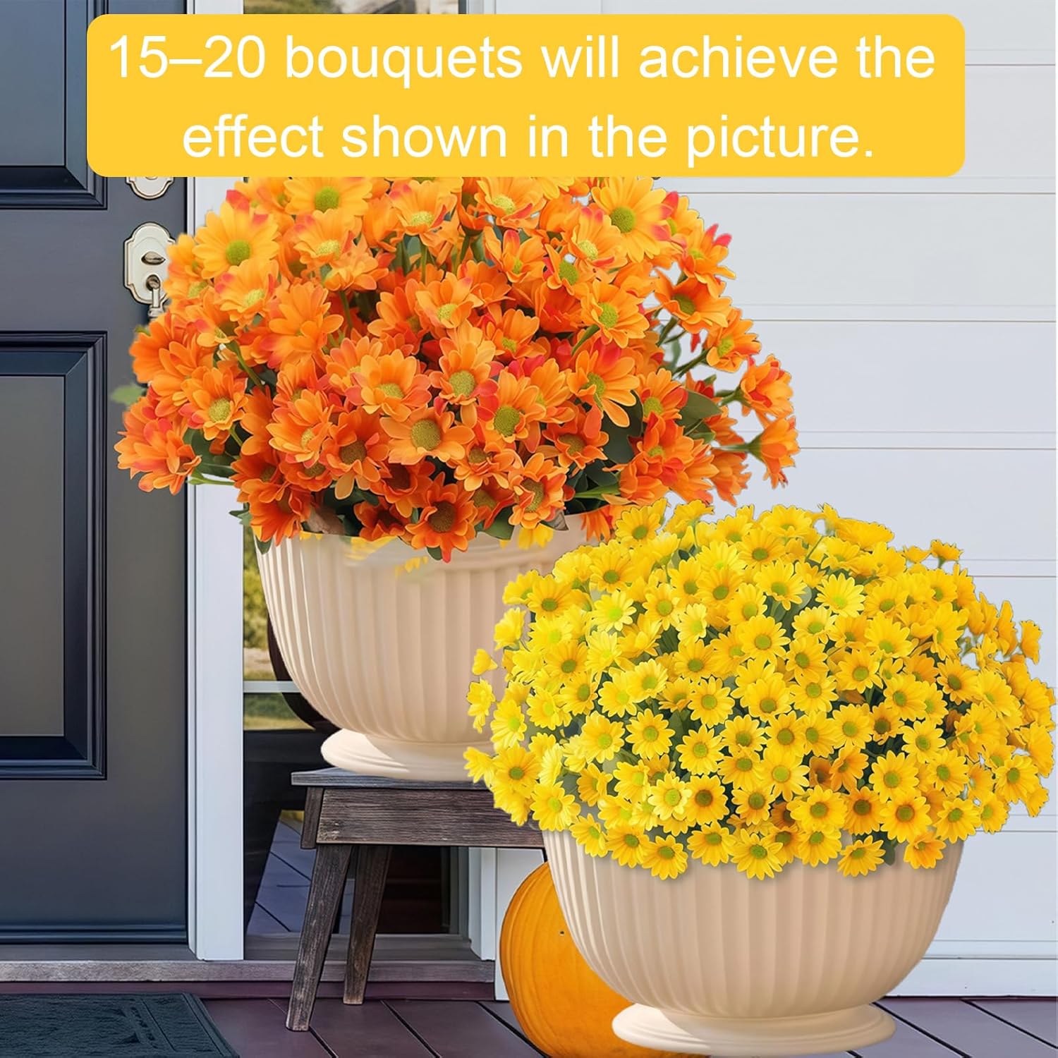 Artificial Mums for Outdoors,Artificial Sunset Mums,UV Resistant No Fade for Outside Porch Garden Pots Planters Autumn Fall Decor,Look Real, Full, Vibrant (Orange, 10 Bundle)
