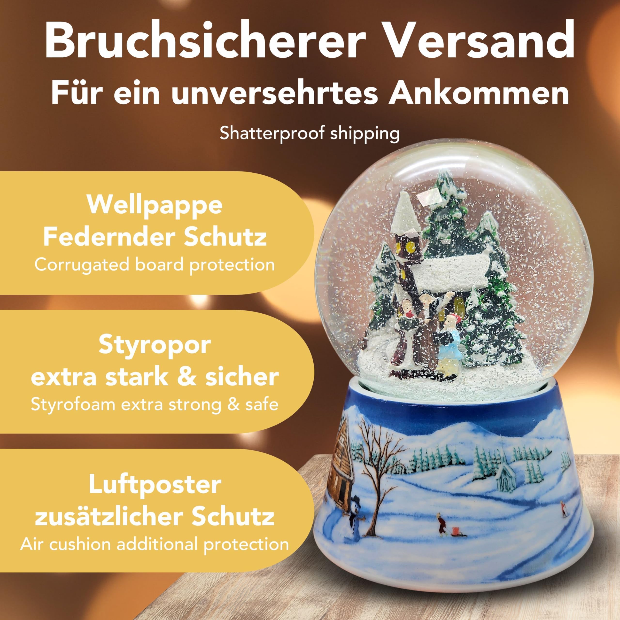 Schneekugel Weihnachtsspaziergang * auf Sockel nostalgische Winterlandschaft Mittelblau Weihnachten Winter mit Spieluhr - 100mm breit * 20099
