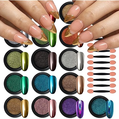 Artdone 16 Colors Chrome Nail Powder, Iridescent Aurora Powder Metallic Mirror Effect Pigment Pearlescent Mermaid Pigment Pearl Glitter Dust Kit, Nail Art Decoration, Resin Craft