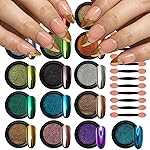 Artdone 16 Colors Chrome Nail Powder, Iridescent Aurora Powder Metallic Mirror Effect Pigment Pearlescent Mermaid Pigment Pearl Glitter Dust Kit, Nail Art Decoration, Resin Craft