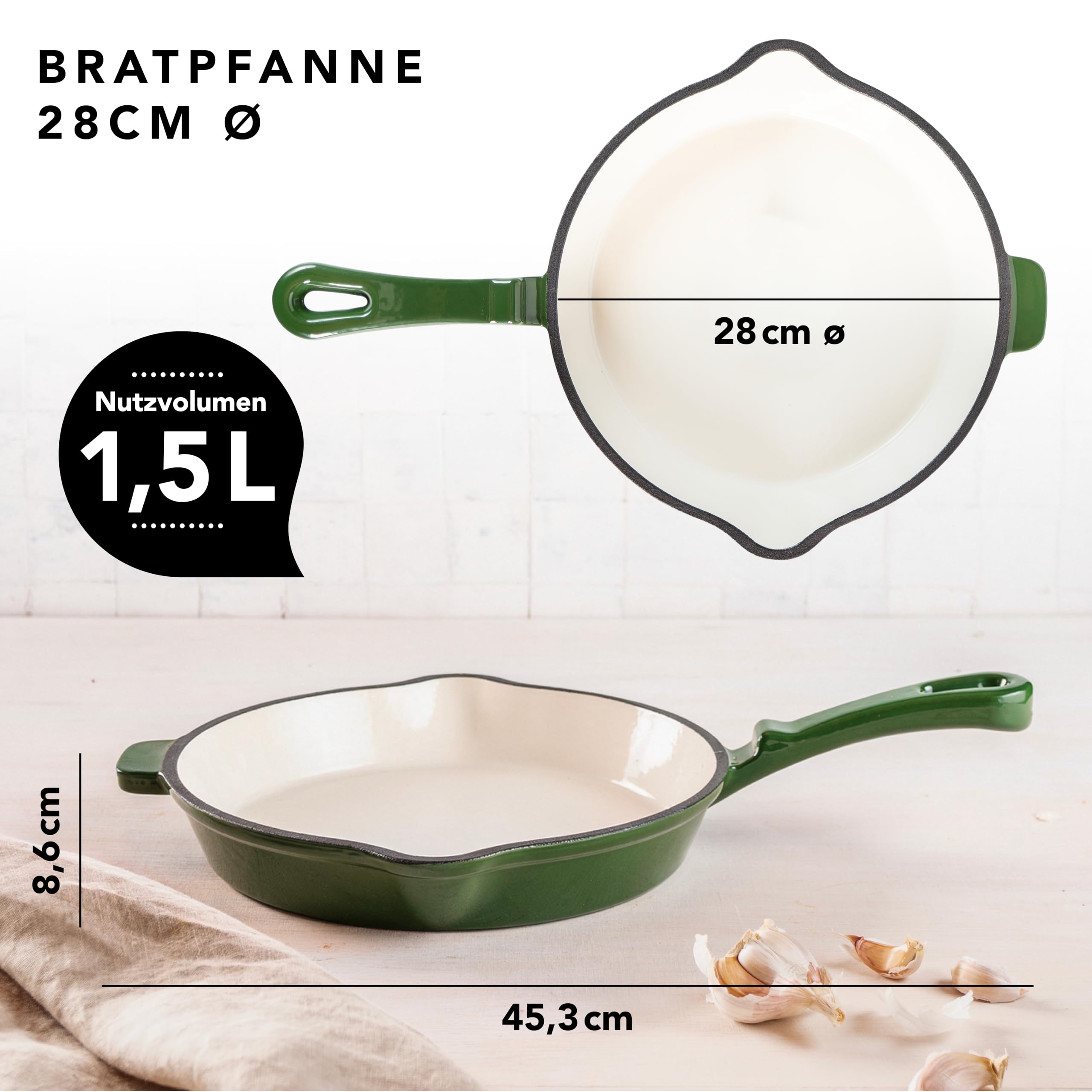 Römertopf Gusseisen Bratpfanne 28 cm emailliert für Induktion, Tiefgrün | Für alle Herdarten inklusive Induktion, backofenfest bis 250 °C, hohe Hitzespeicherung, PFAS-frei