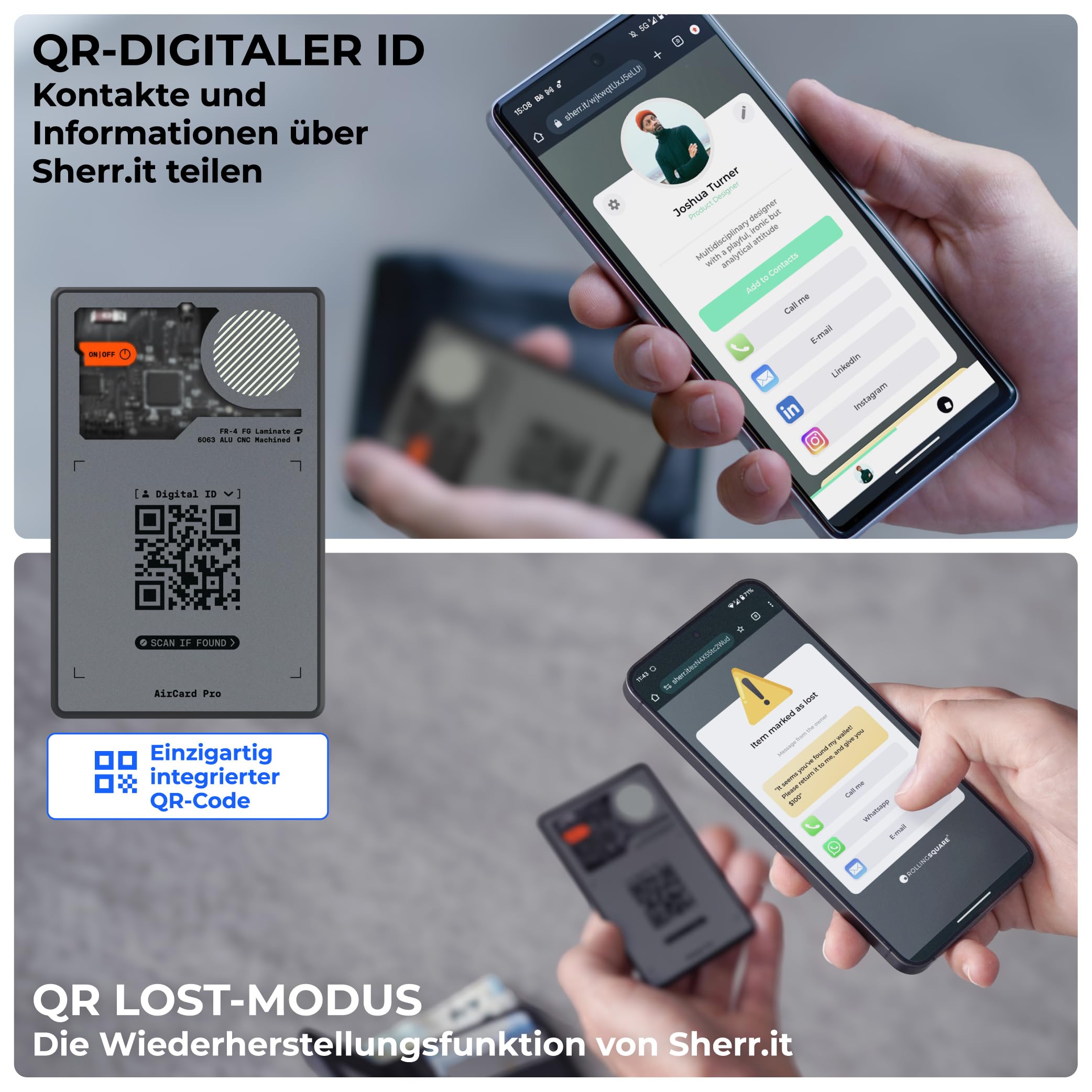 Rolling Square AirCard Pro Dual – Wallet Tracker Android und Apple Tracking Card Kompatibel mit Apple Find My und Google Android Find Hub, Schlüsselfinder mit Kabellosem Laden Gadgets Technik Grau