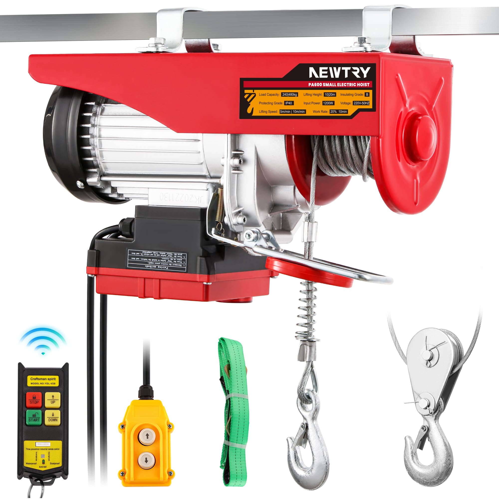 NEWTRY paranco elettrico 240kg/480kg, 20m/10m altezza di sollevamento, controllo wireless 100m, controllo a filo 2m, per casa garage magazzino 1200W