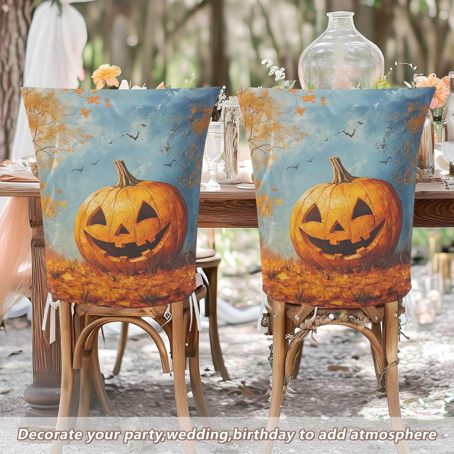 ALAZA Yellow Pumpkin in Autumn Forest Chair Back Cover Set of 6, Washable Reusable Removable Chair Slipcovers Decorative Chair Cover for Home Kitchen Wedding Party