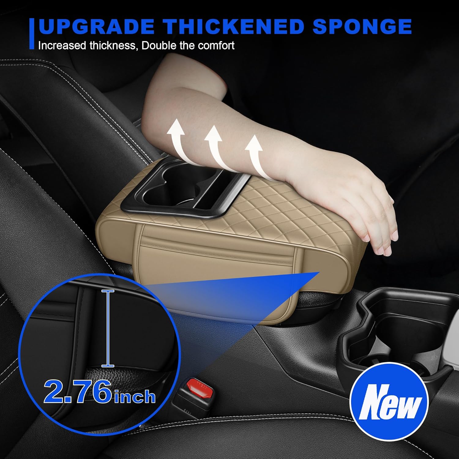 Upgraded Car Center Console Cover Fit for Subaru Forester Thick Leather Car Armrest Cover with 2 Storage Pockets,Cup Holder,Phone Slot(Beige)
