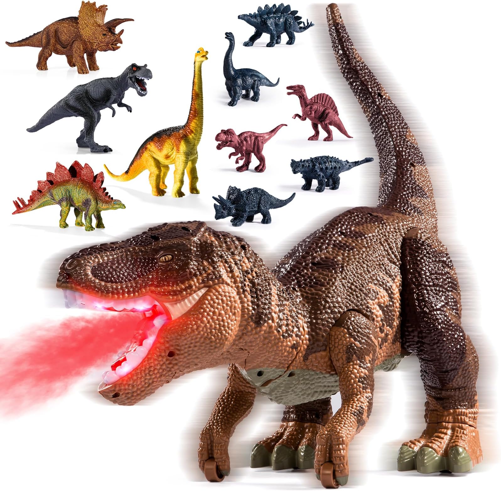 – Large Dinosaur Toys T-Rex with 10 Mini Dinosaurs Inside, Water Mist Spray & Red Beam, Roaring Sounds & Effects – Educational Toy Figure for Kids 3 4 5 6 Years Old Boys & Girls Brown