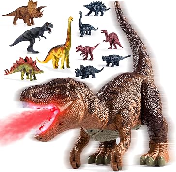 Large Dinosaur Toys T-Rex with 10 Mini Dinosaurs Inside, Water Mist Spray & Red Beam, Roaring Sounds & Effects   Educational Toy Figure for Kids 3 4 5 6 Years Old Boys & Girls Brown