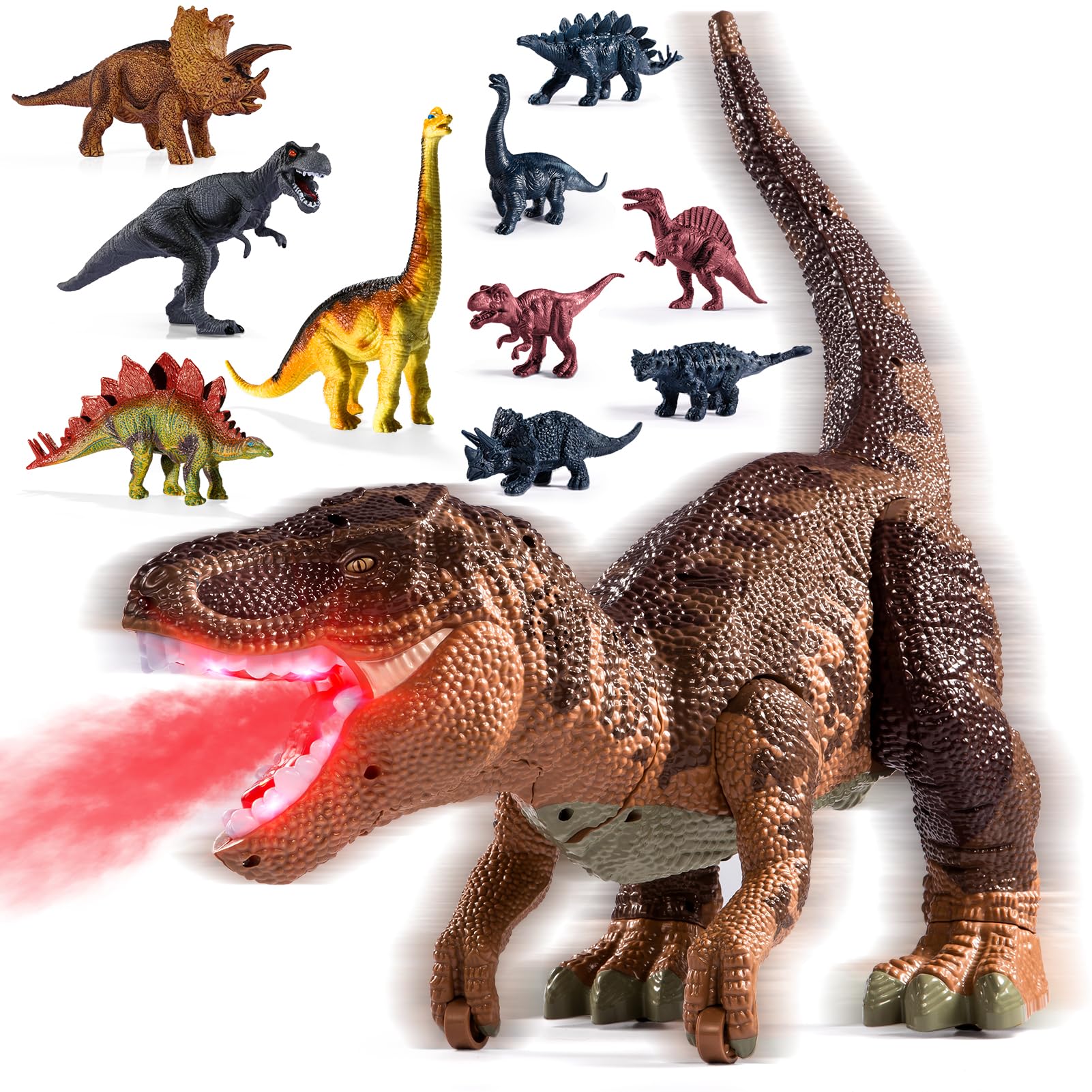 BLmukce Large Dinosaur Toys T-Rex with 10 Mini Dinosaurs Inside, Water Mist Spray & Red Beam, Roaring Sounds & Effects β Educational Toy Figure for Kids 3 4 5 6 Years Old Boys & Girls Brown