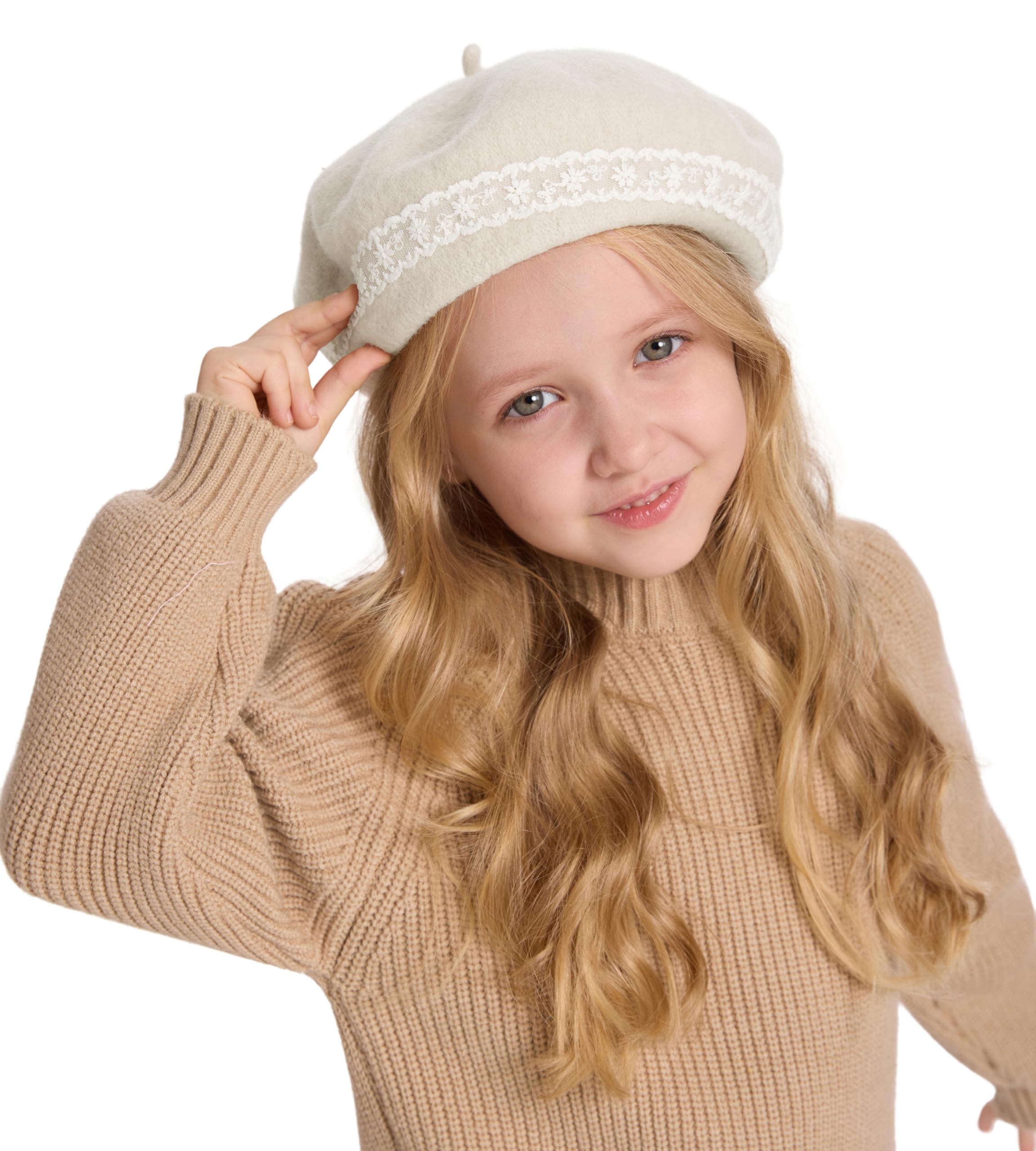 ZLYC Classic Wool Beret for Girls and Boys Modern French Artist, White lace, One Size - Image 4