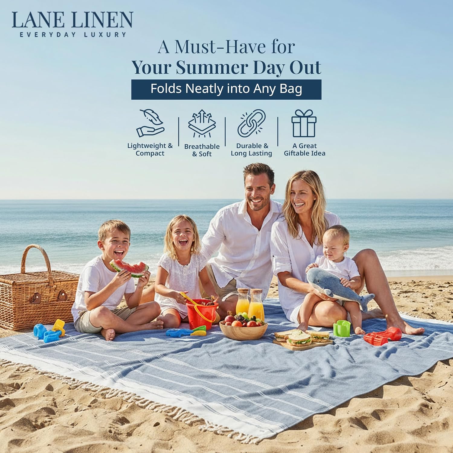 LANE LINEN Camping Blanket - Large Beach Towel, Beach Accessories with Oversized Comfort (82"x82"), Sandproof, Perfect for Seaside Adventures, Park Gatherings, or Family Beach Days – Navy Blazer thumbnail