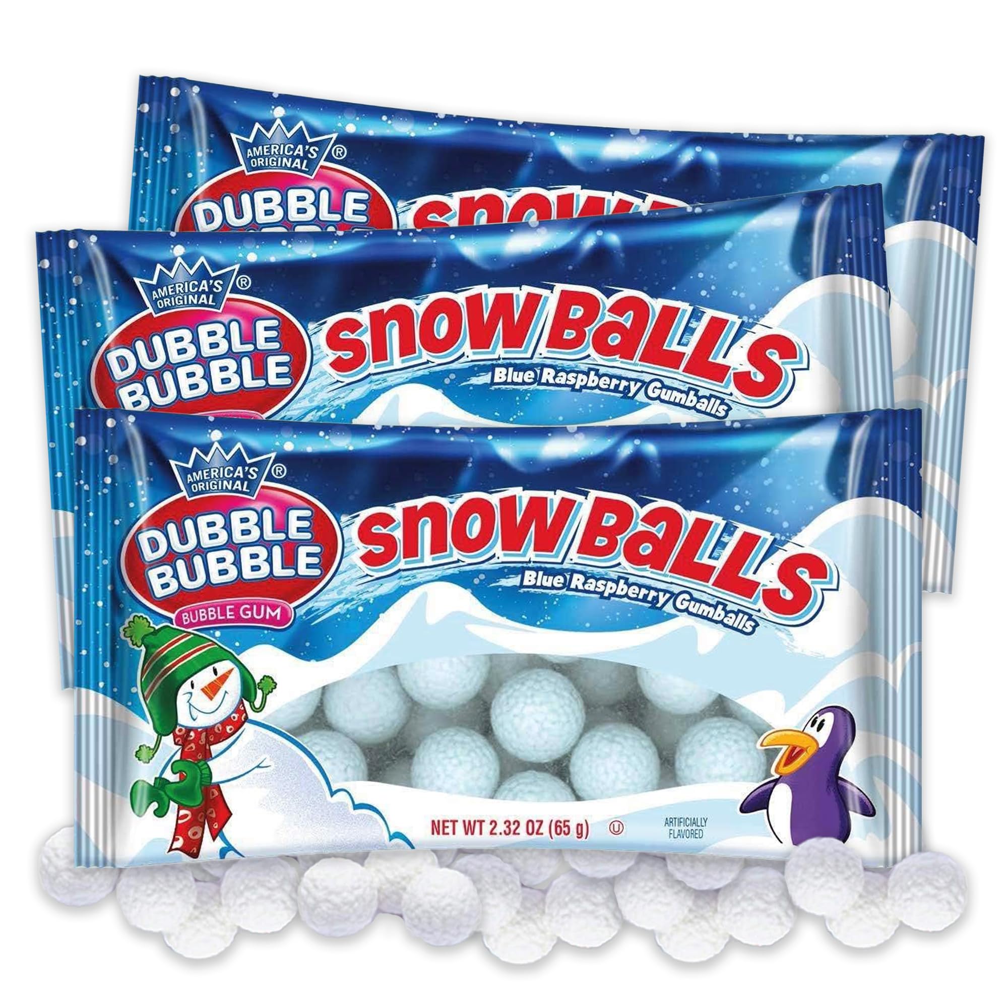 Dubble Bubble Snowballs 2.32 ounce Pack of 3. Mini Gumballs, Dubble Bubble Gumballs, Christmas Candy Stocking Stuffers for Kids